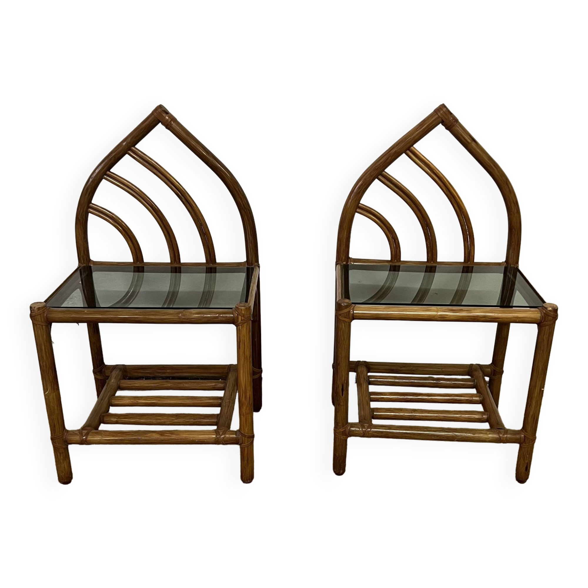 Pair of bamboo and rattan bedside tables