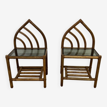 Pair of bamboo and rattan bedside tables
