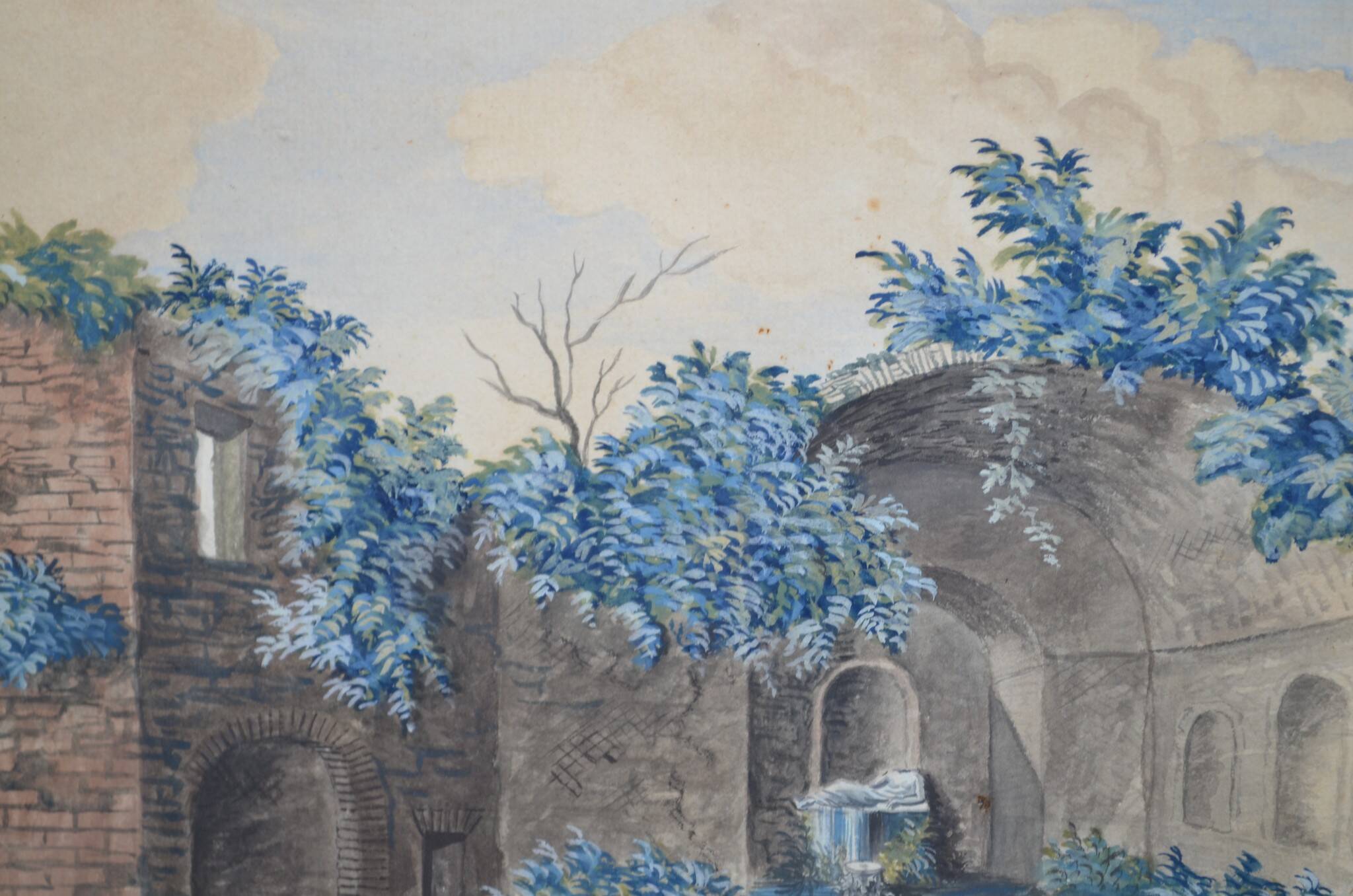 Ecole Italienne du XIXème siècle  « La source de la nymphe Egérie » Gouache