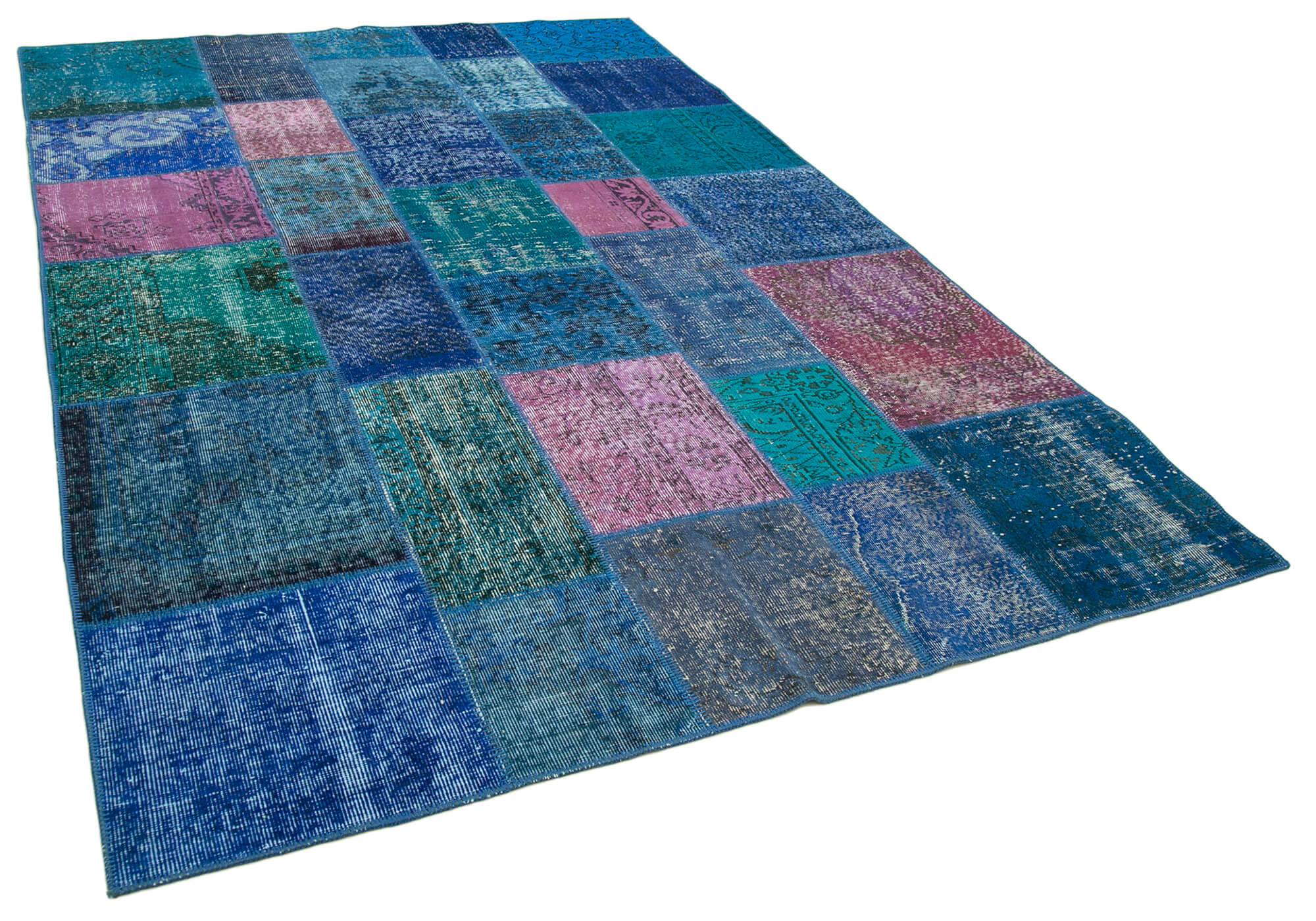 Handmade anatolian vintage 202 cm x 300 cm blue patchwork carpet