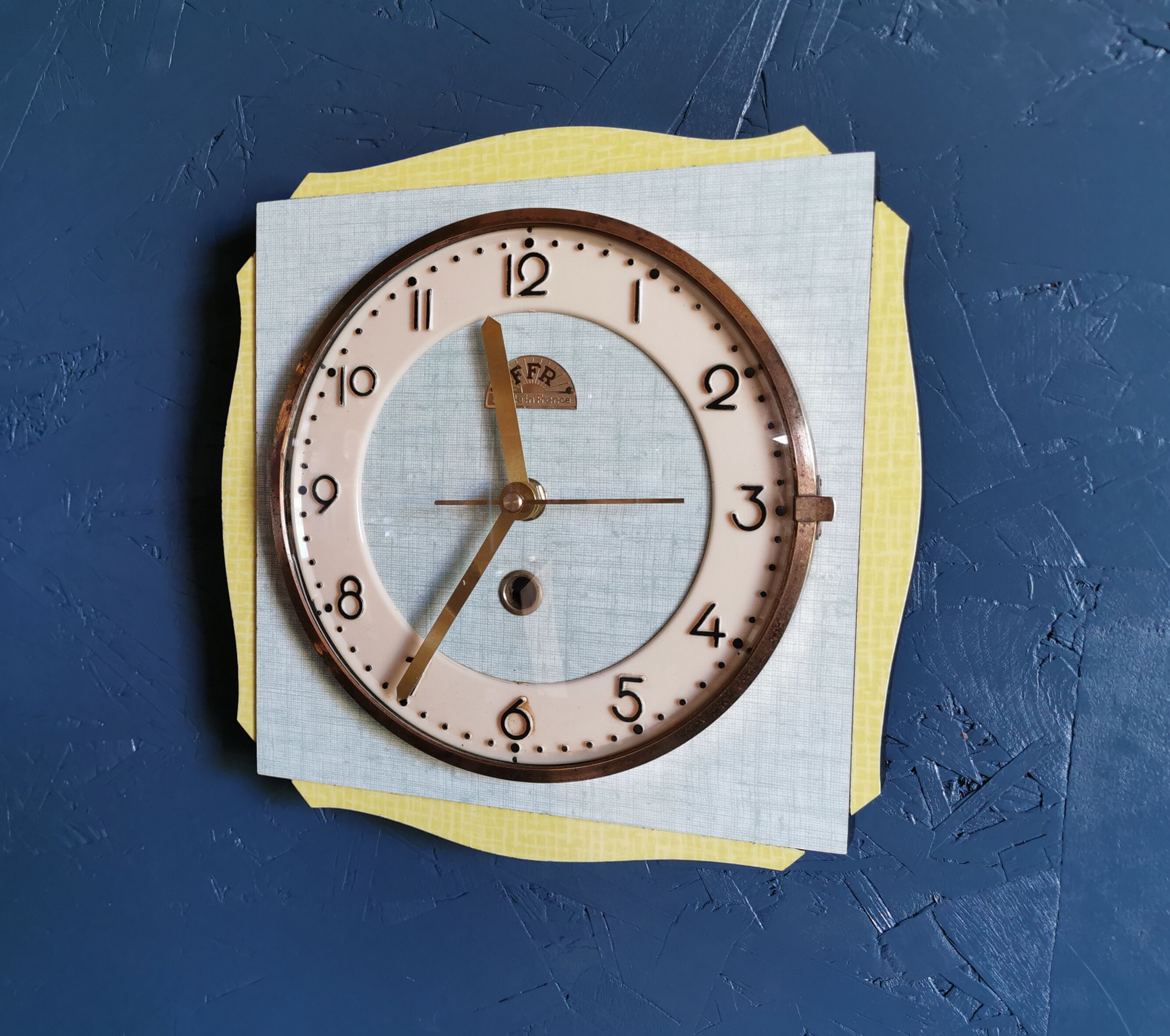 Vintage formica clock square silent wall clock "FFR yellow green"