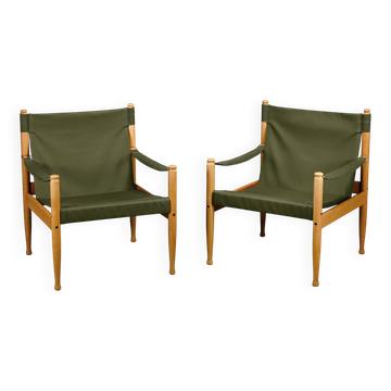 Erik Wørts Pair of Safari Chairs in Oak and forest Green Canvas fabric