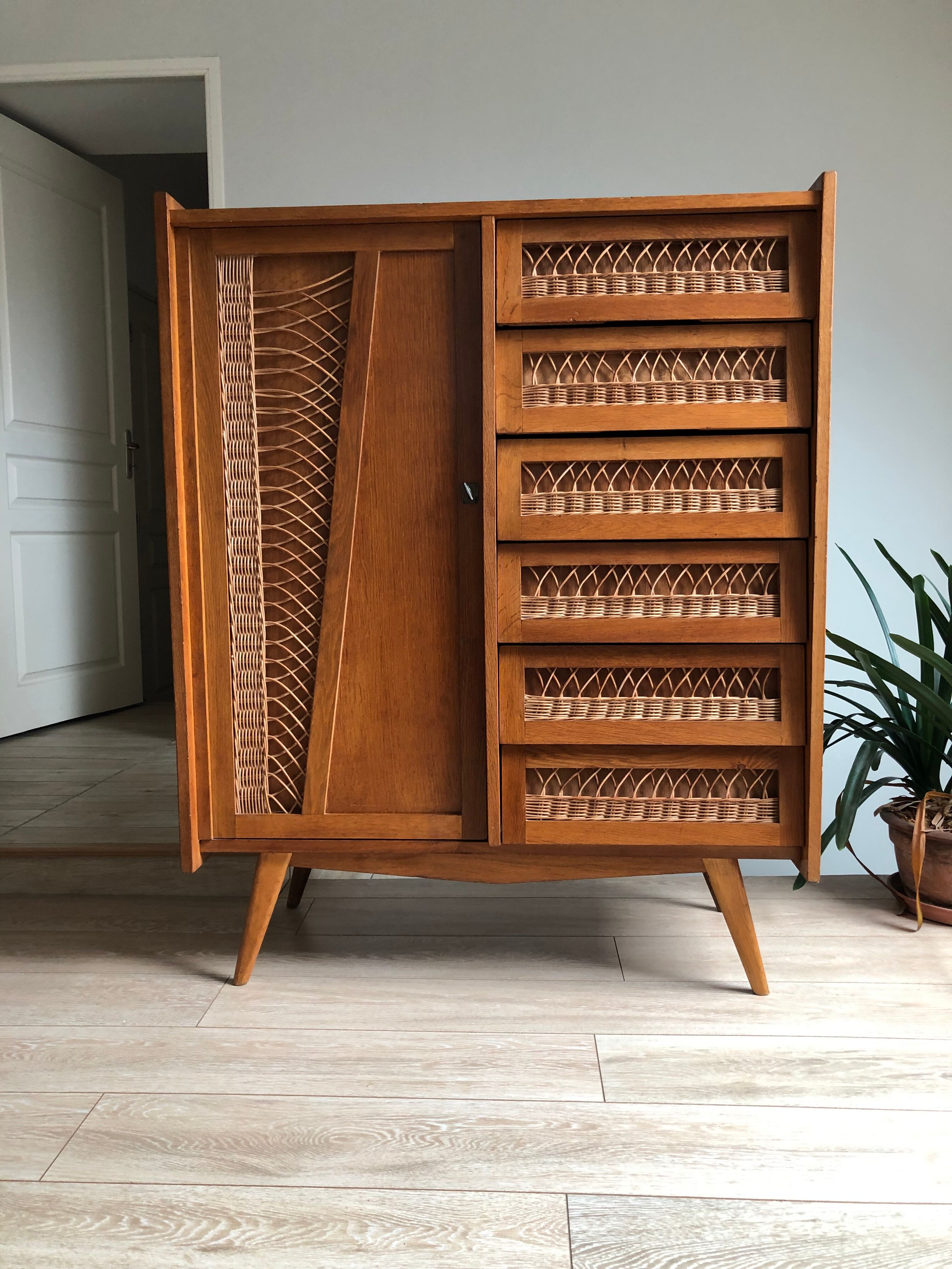 Wooden and rattan chest of drawers