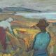 Svan Grandin (1906-1982) Peinture à l'huile vintage Paysage "Les Moissonneurs"