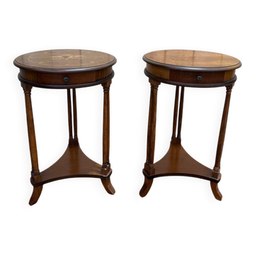 Pair of round bedside tables – Empire style – Floral marquetry – Wood