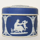 Pair of Wedgwood biscuit boxes with relief decoration of antique scenes