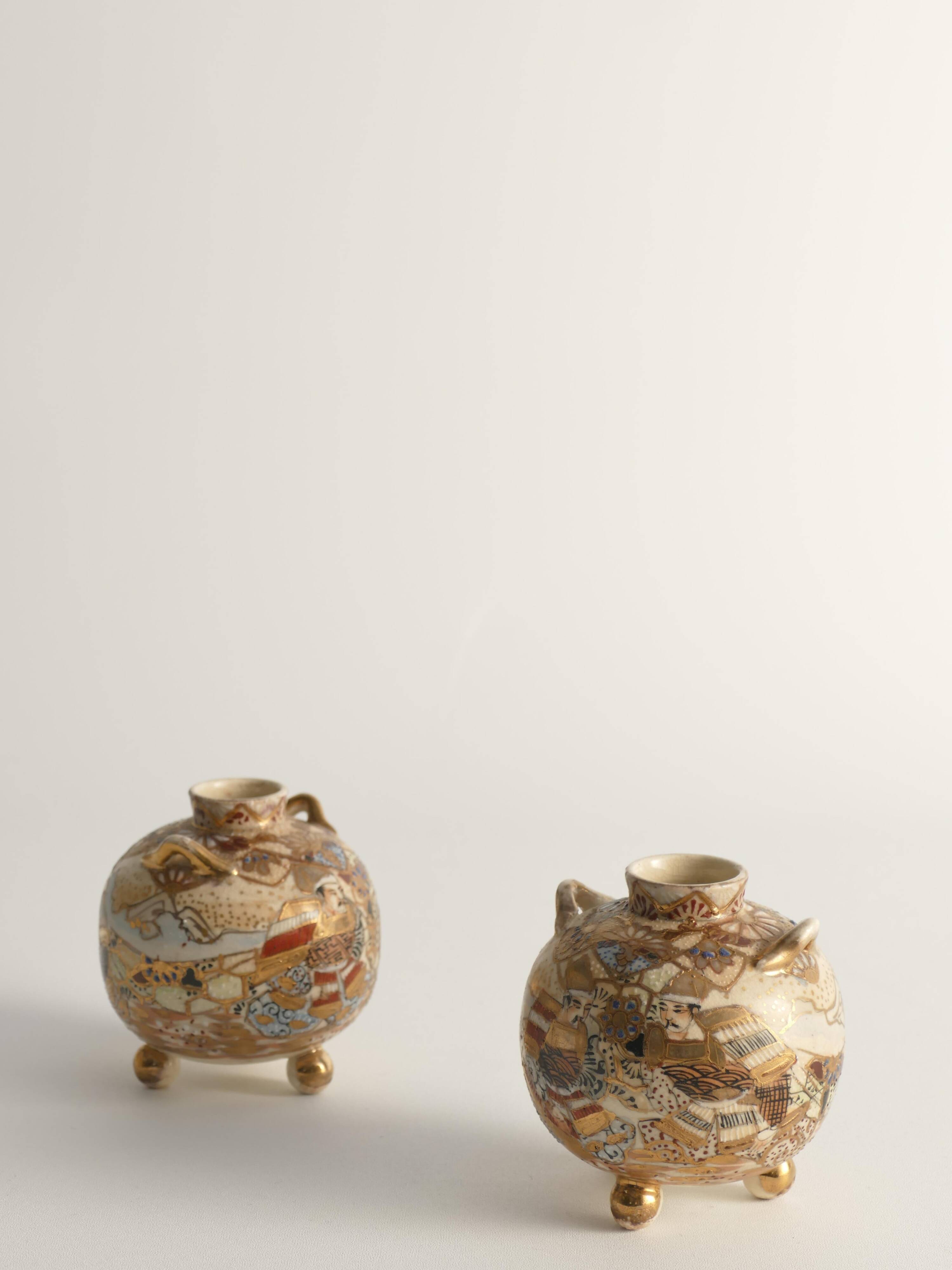 Satsuma Earthenware Vases, Hand-Painted Polychrome, Japan, Set of 2