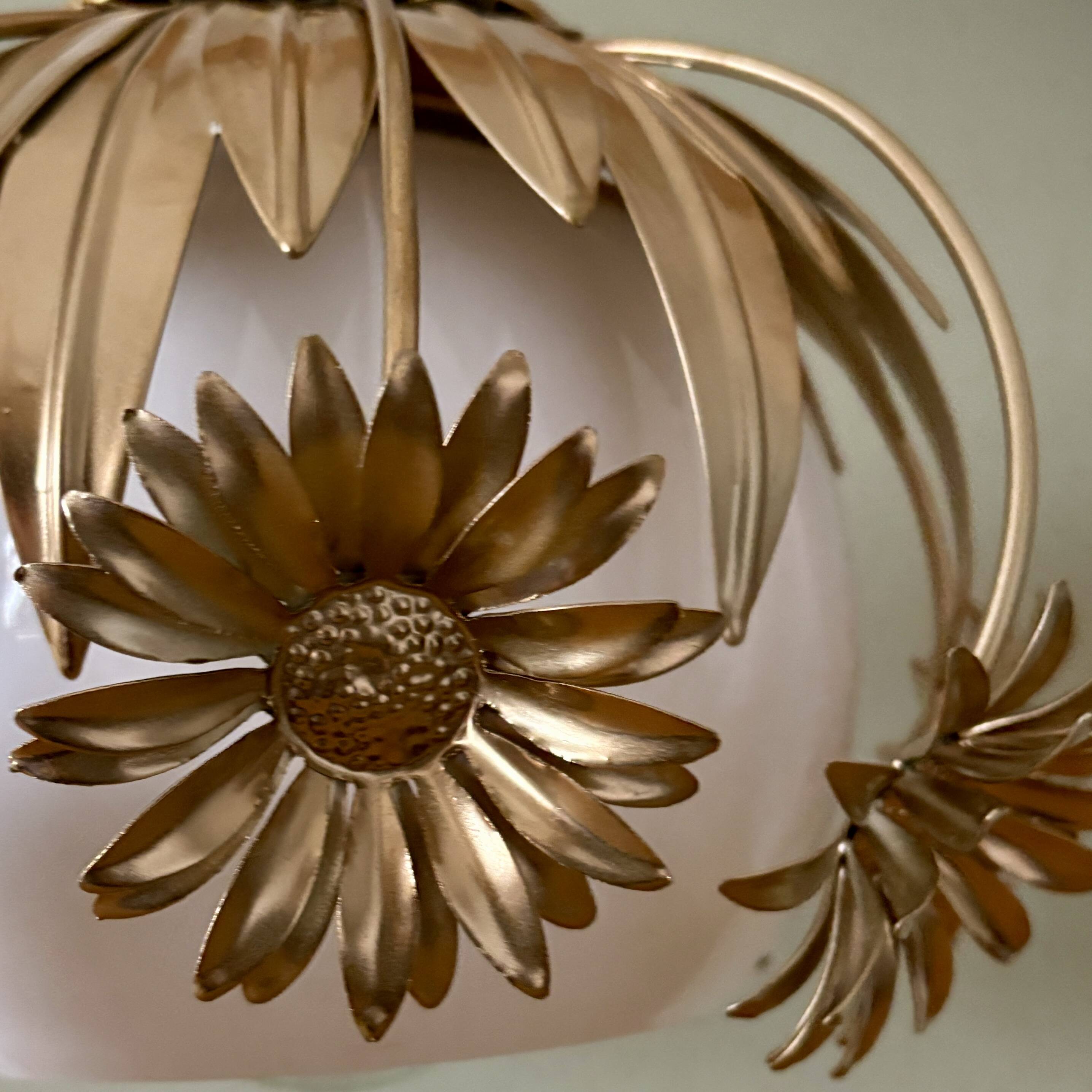 Pendant light in gilded metal and antique opaline globe