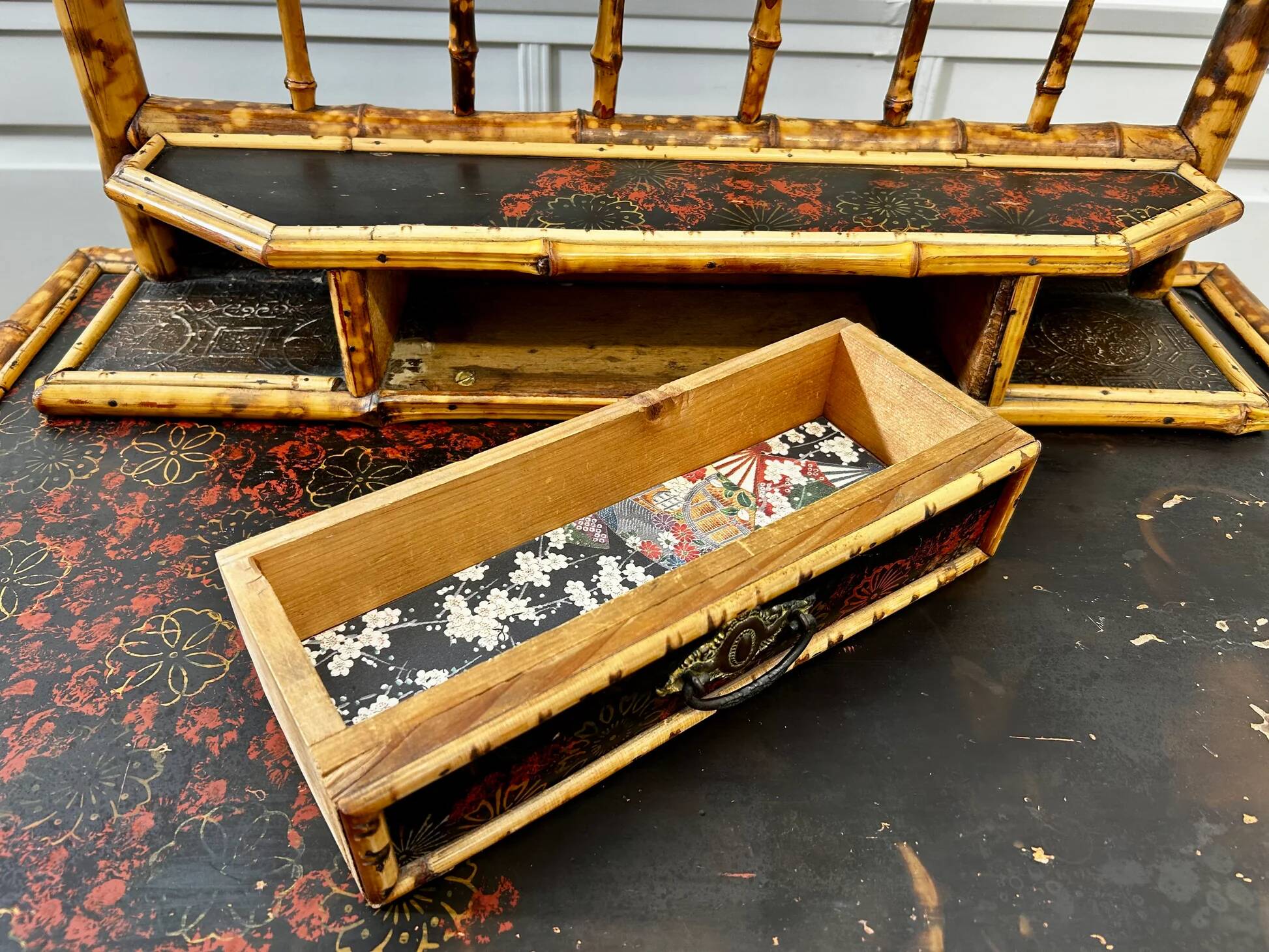 Victorian tiger bamboo, cane & chinoiserie dressing table with drawers, England 1880s, aesthetic movement