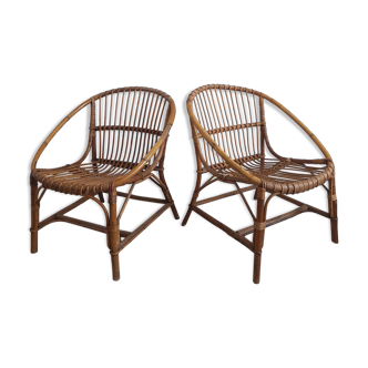 Pair of rattan armchairs in basket shape circa 1960