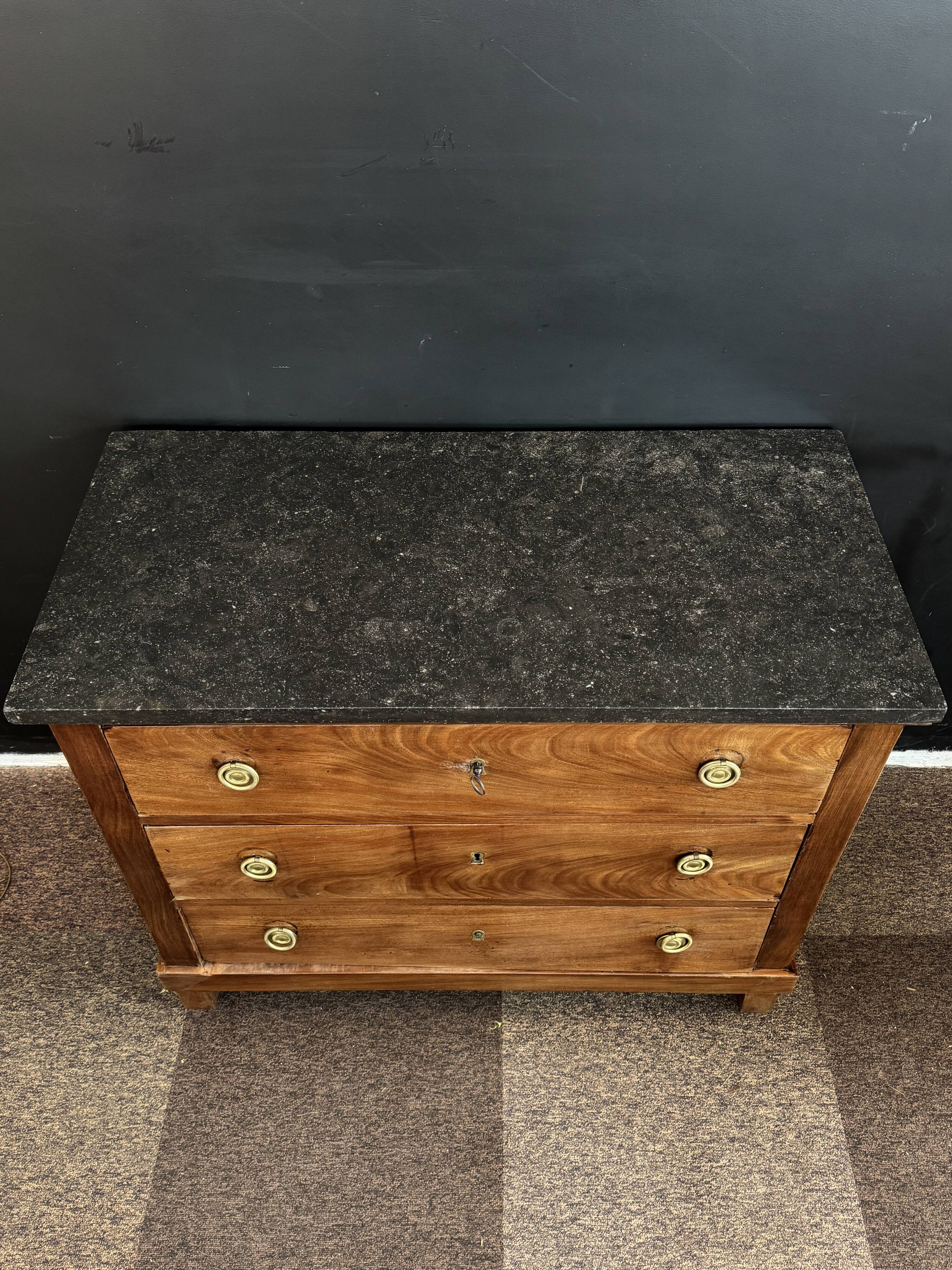Empire style chest of drawers with 3 drawers and marble top - solid mahogany