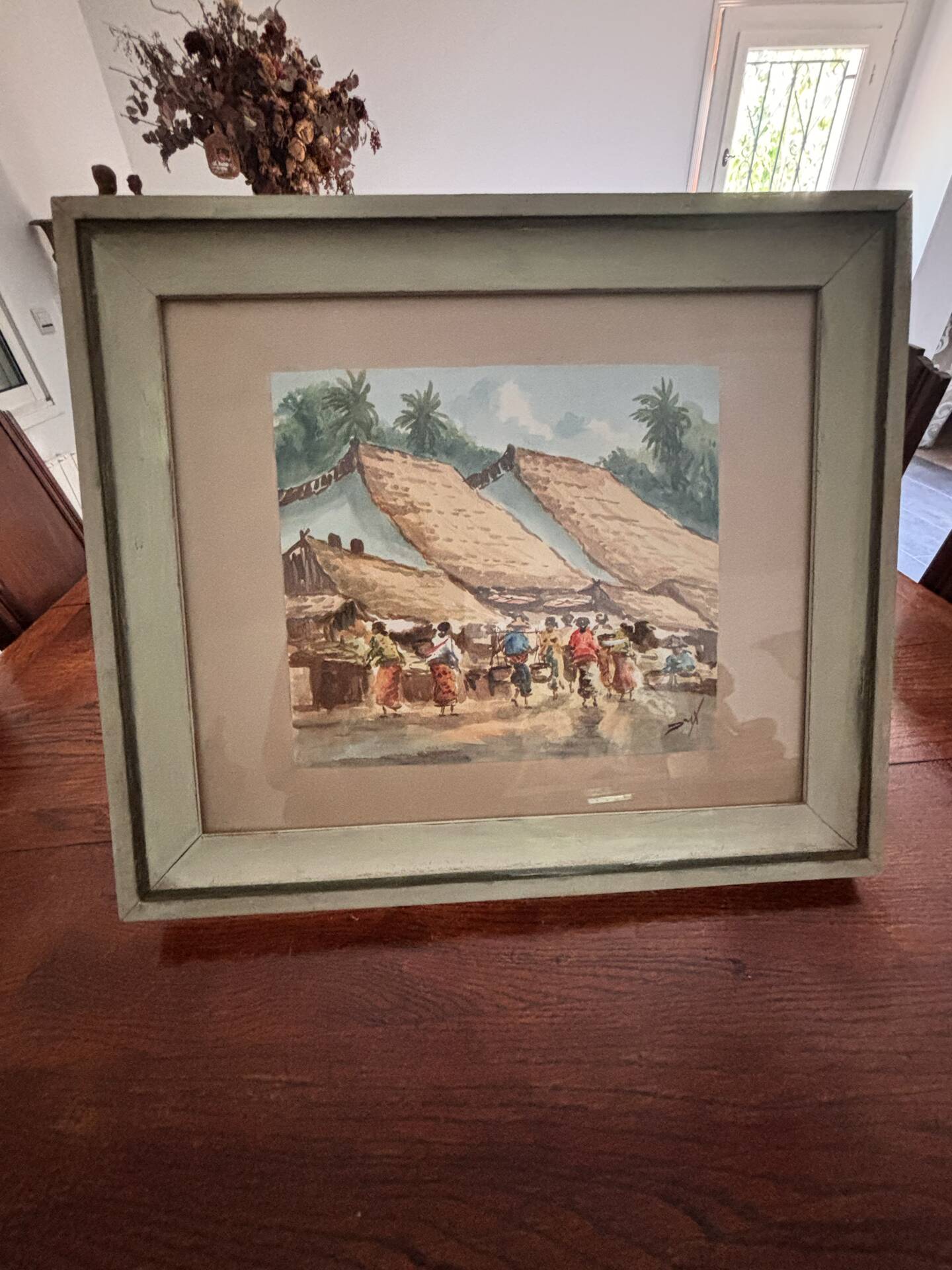 Aquarelle ancienne - Scène de Marché - École d'Indochine v. 1950