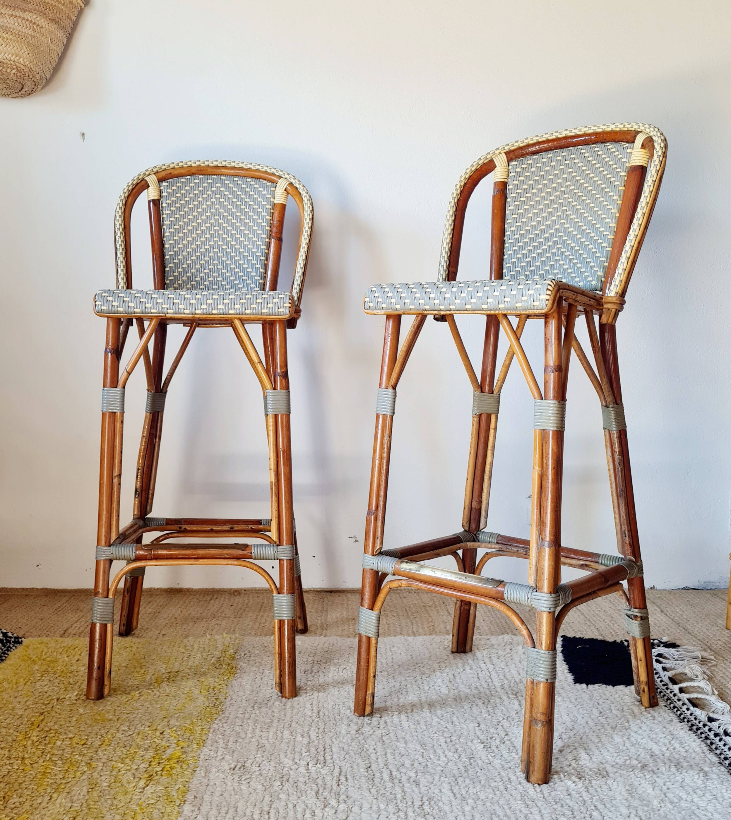 Vintage Gaty bar stools in two-tone rattan and caning.
