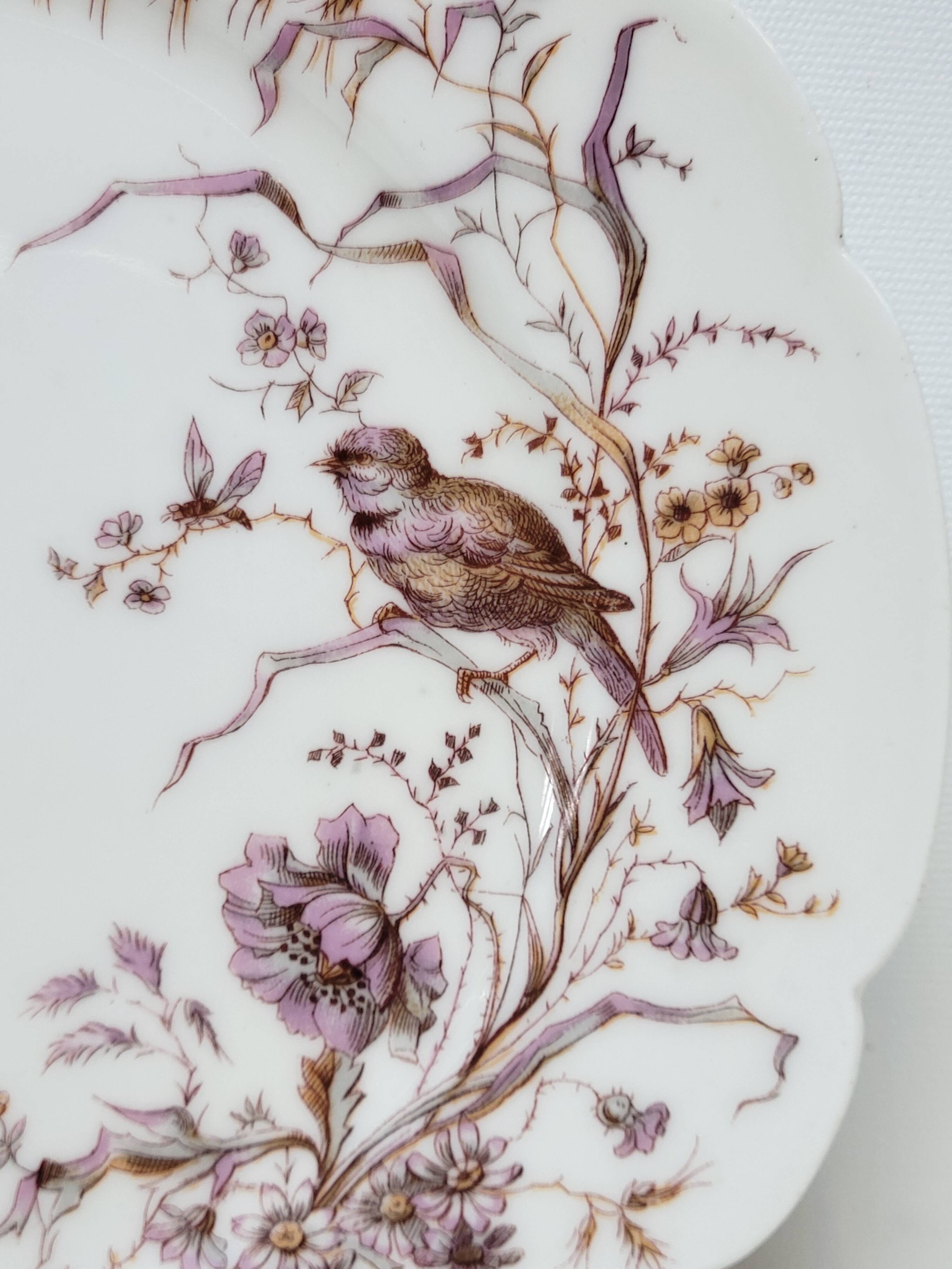 Superb Plate Dish on Pedestal 19th Century White Porcelain Bird Decor
