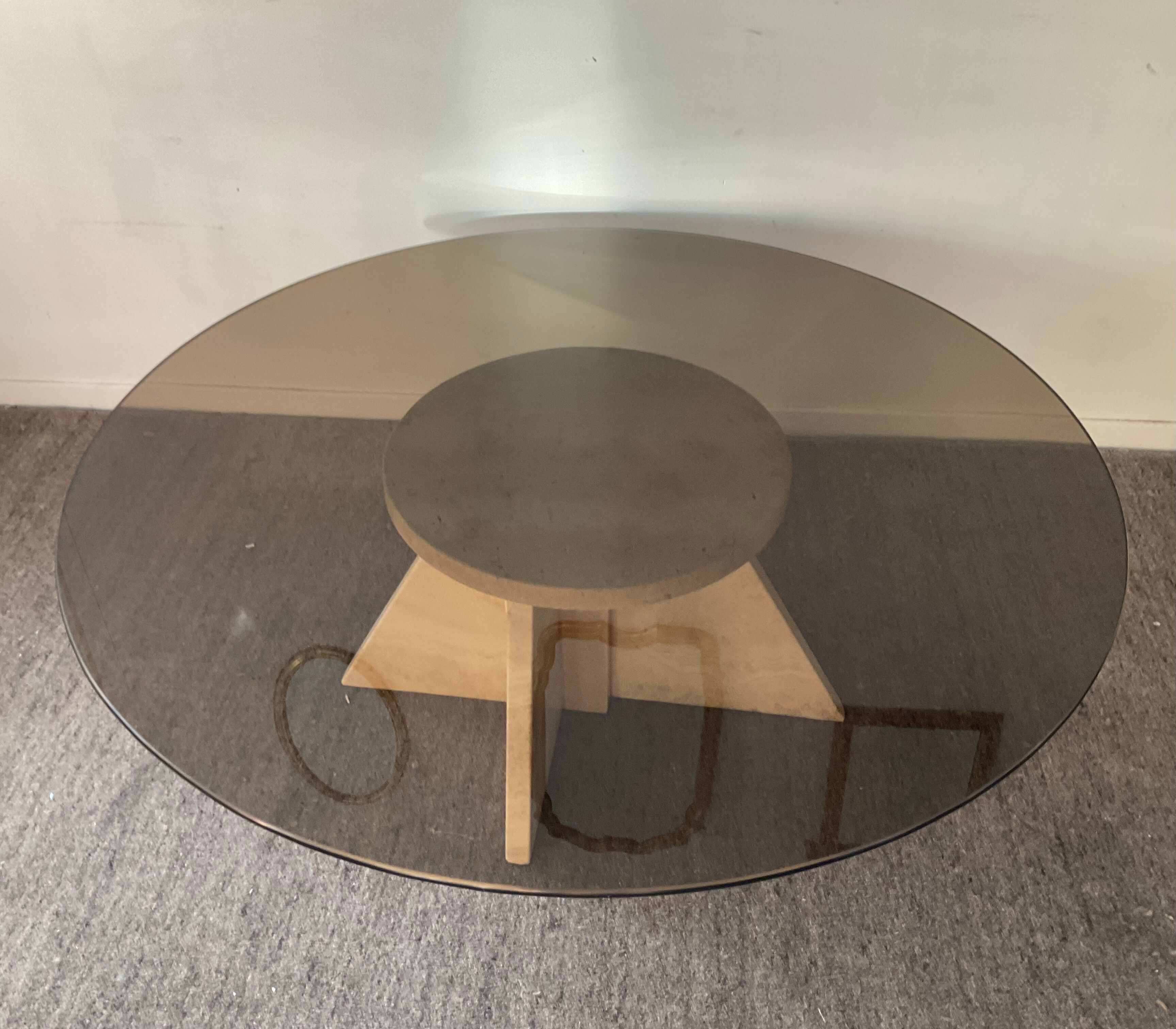 Vintage coffee table in travertine and smoked glass 70s