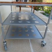 Metallic trolley with wheels, 3 levels with wooden top.