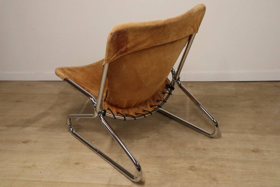 Vintage Suede and Chrome Metal Armchair, 1970s