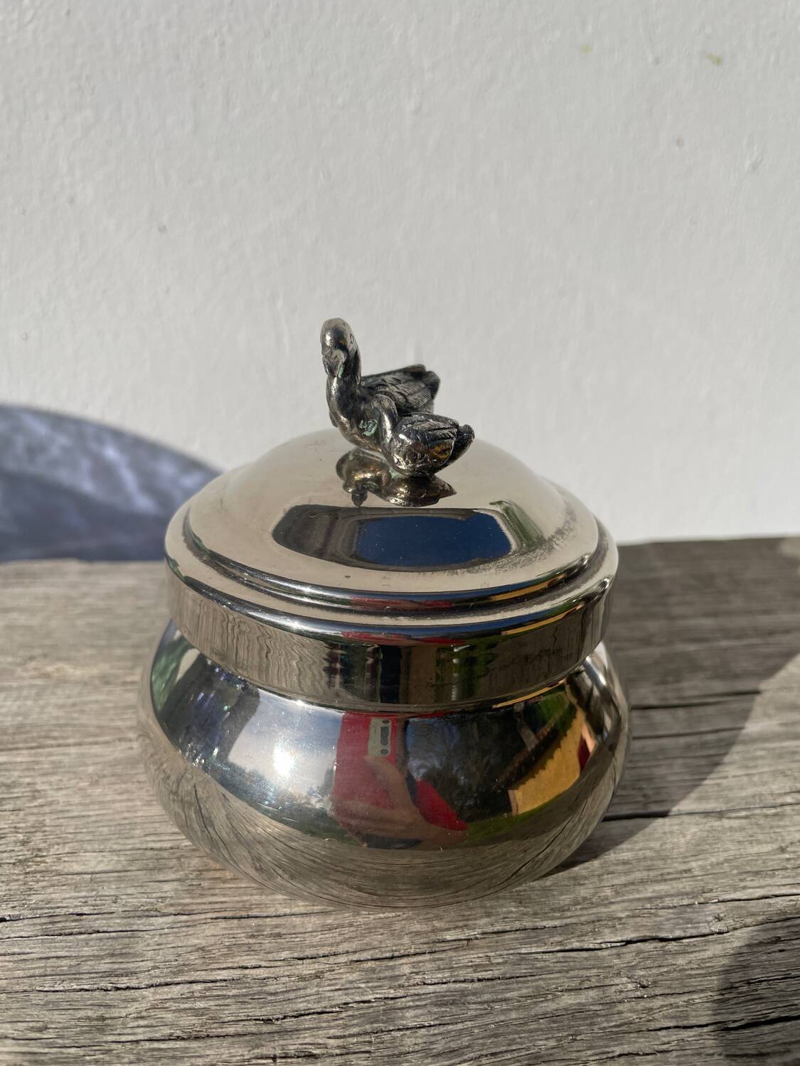 Silver-plated metal box or sugar bowl with ducks