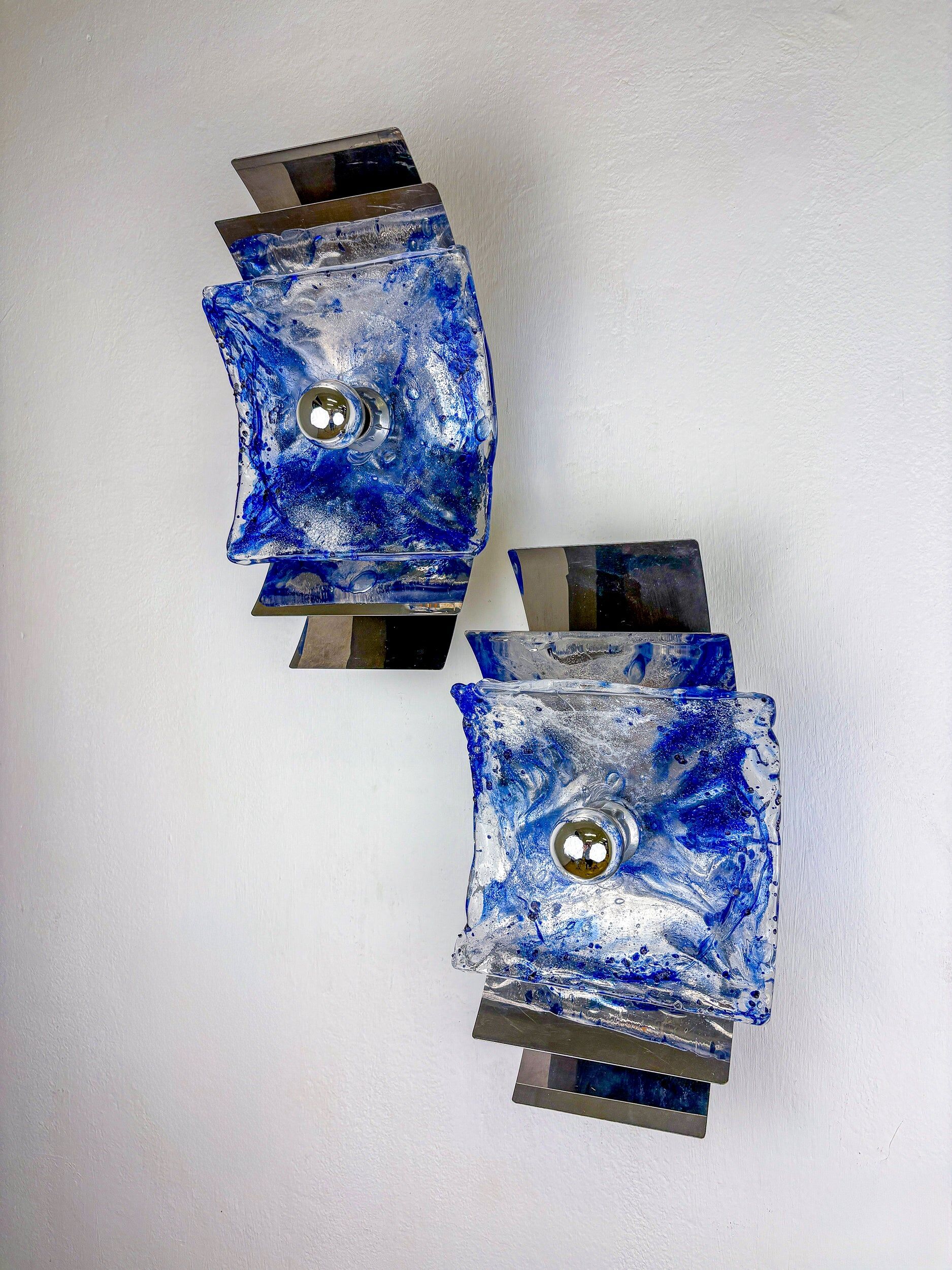 Pair of Murano Mazzega blue & clear glass wall sconces, Italy, 1970s