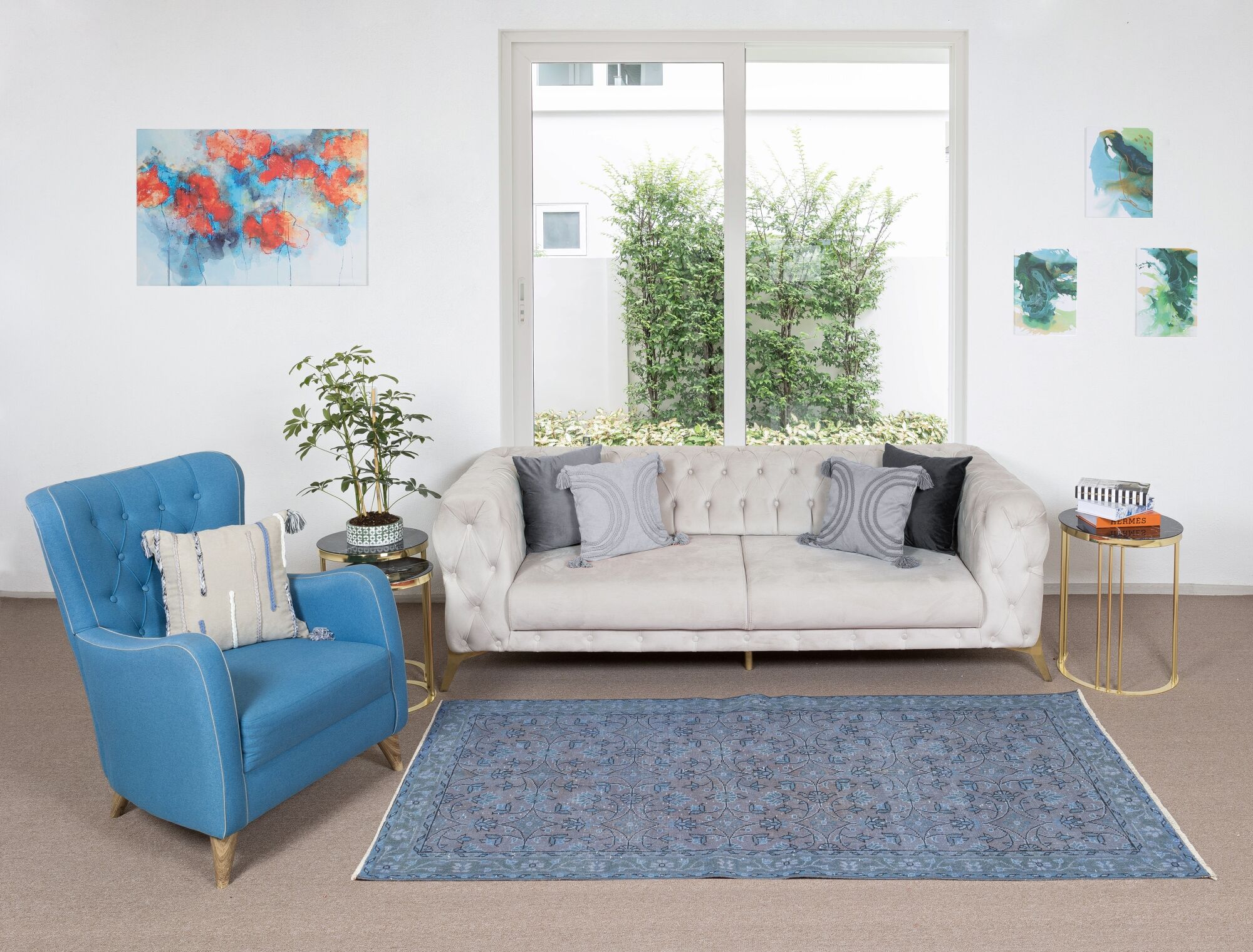 118x219 cm contemporary hand-knotted turkish accent rug over-dyed in blue, circa 1960. tek0407