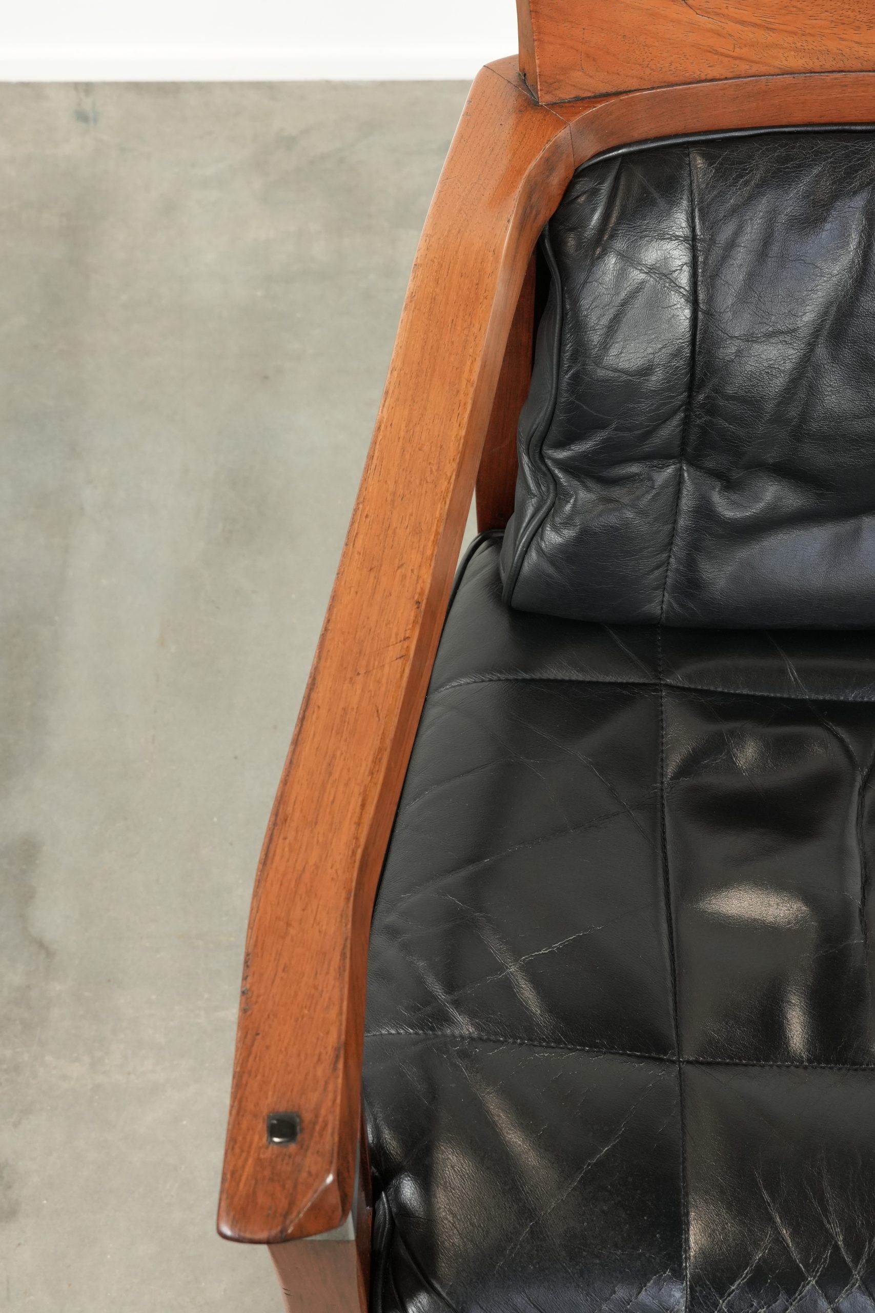 Black leather Art Deco design dining/side/desk chair with armrests