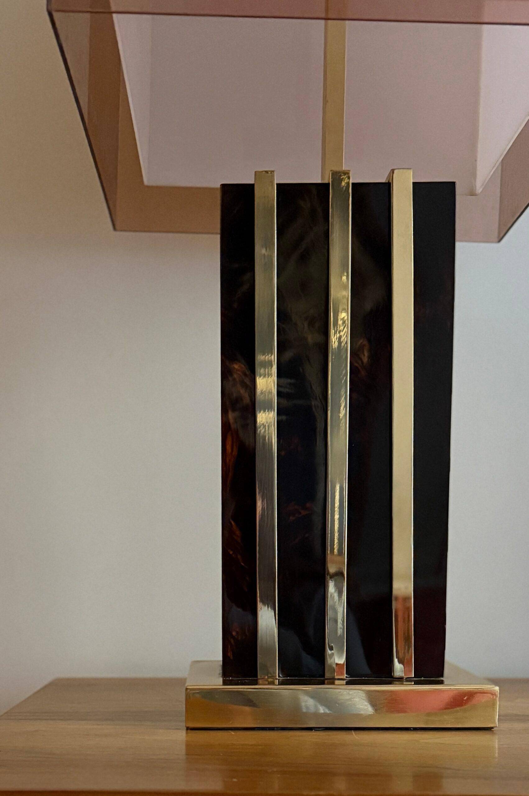 Lamp with chrome-plated brass structure and methacrylate shade designed by Romeo