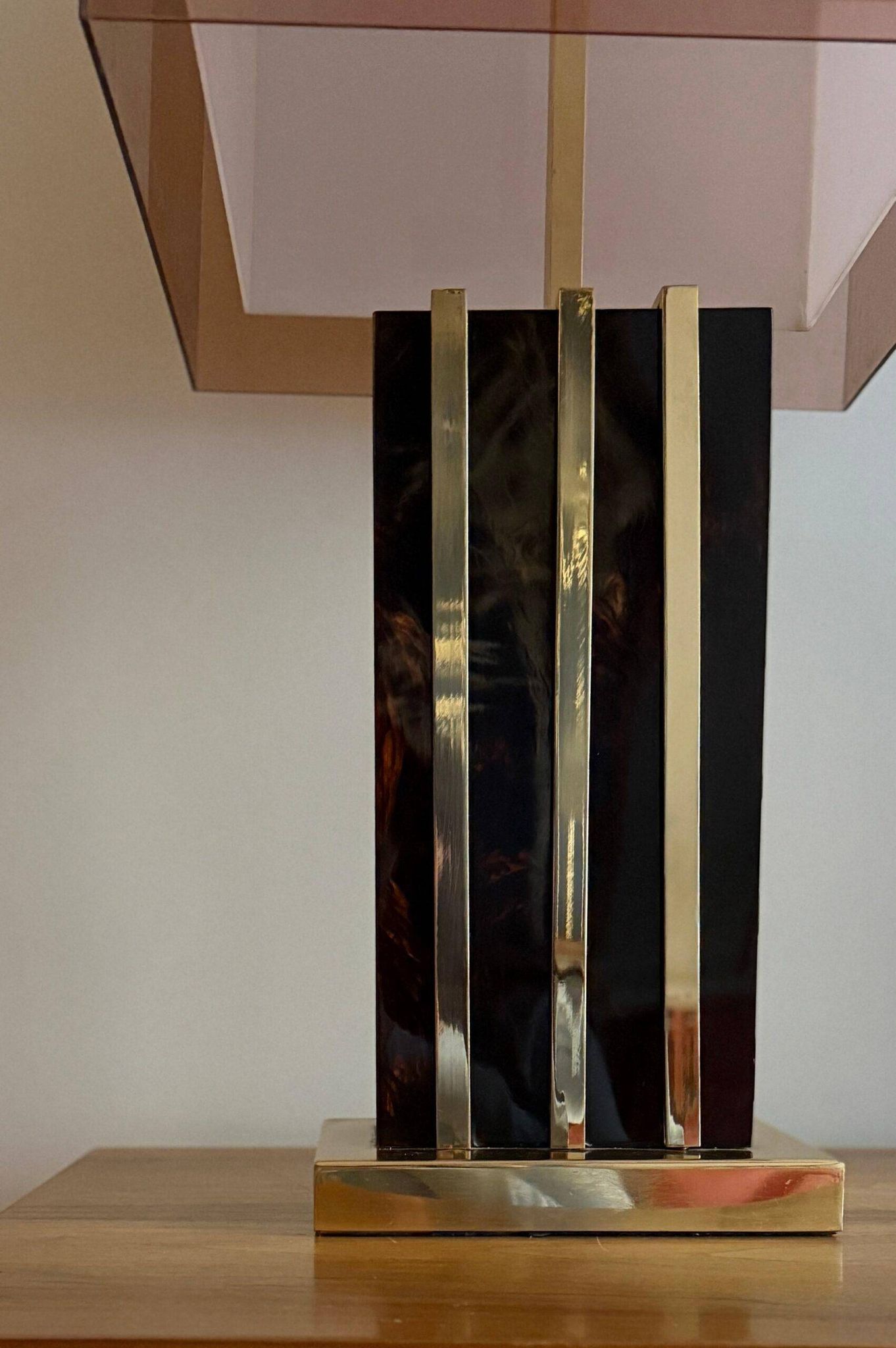 Lamp with chrome-plated brass structure and methacrylate shade designed by Romeo