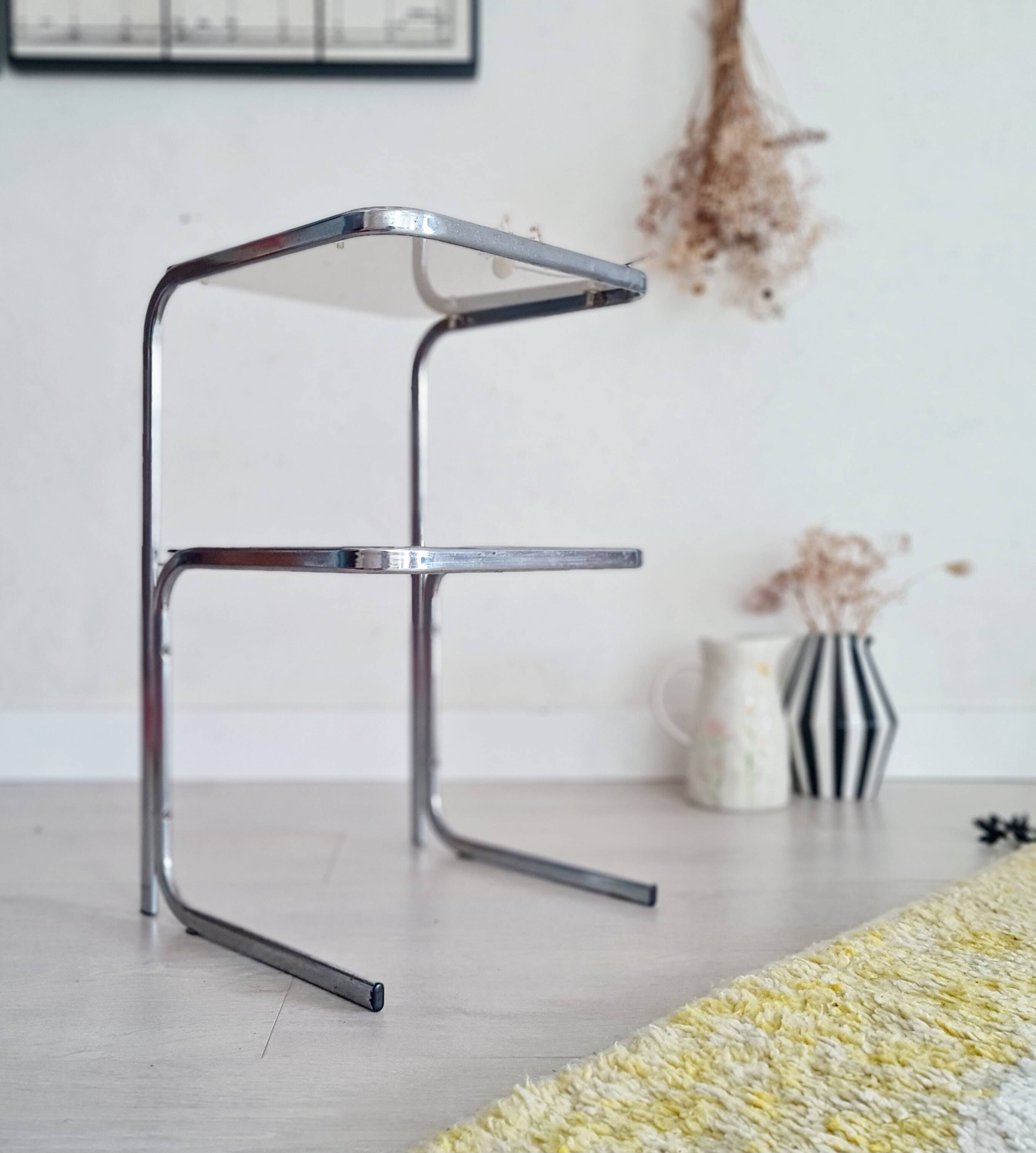 Side table - chrome and smoked glass table - vintage design