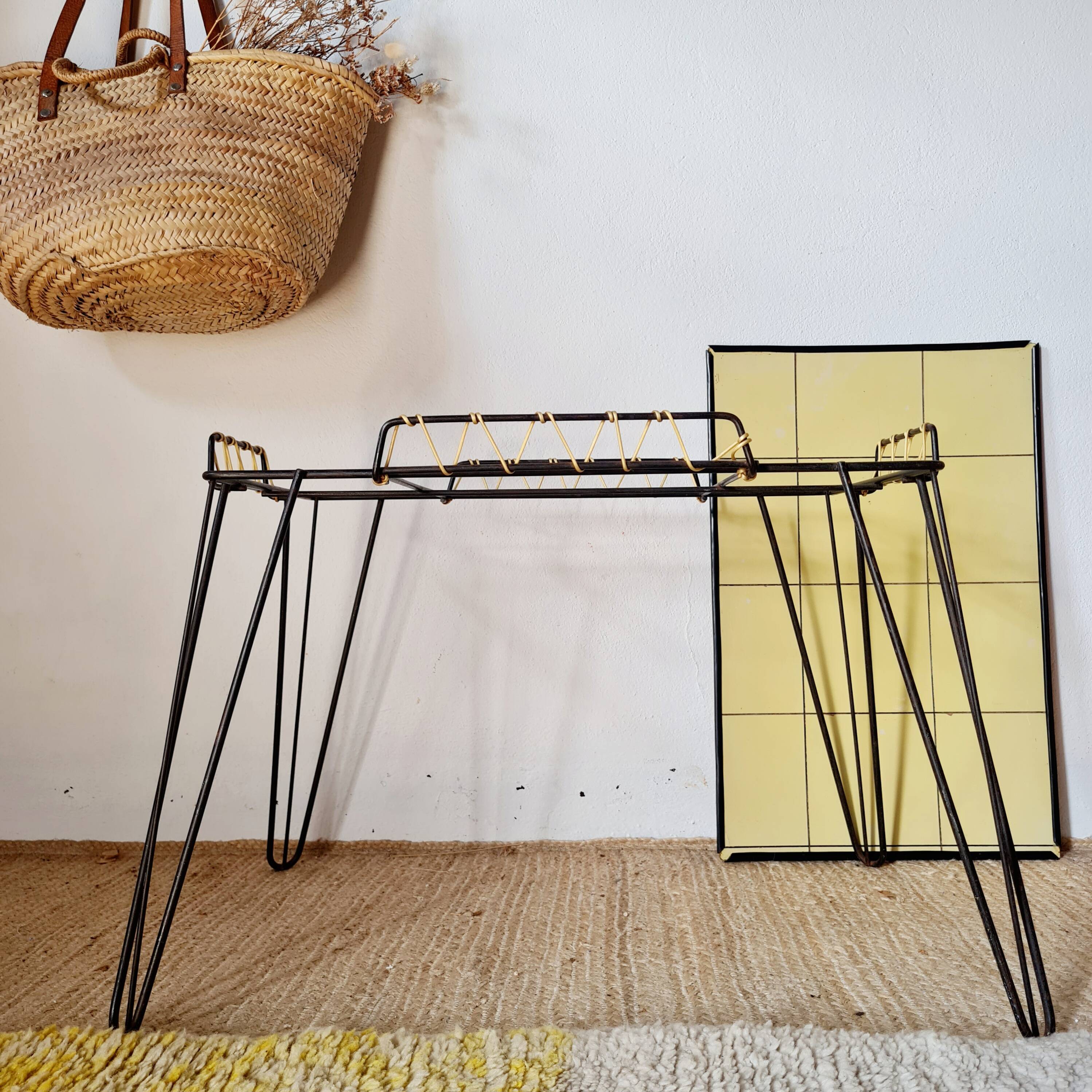 Black metal side table with scoubidou, 1950s