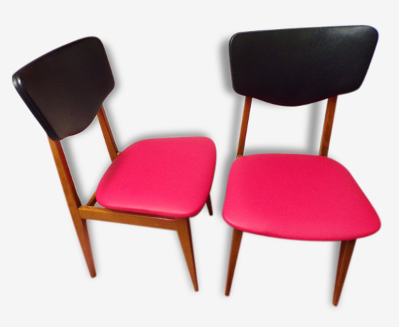 Chaise en skaï noir structure en Hêtre assise rénovée skaï rose -  scandinave - 1960 - mid century | Selency