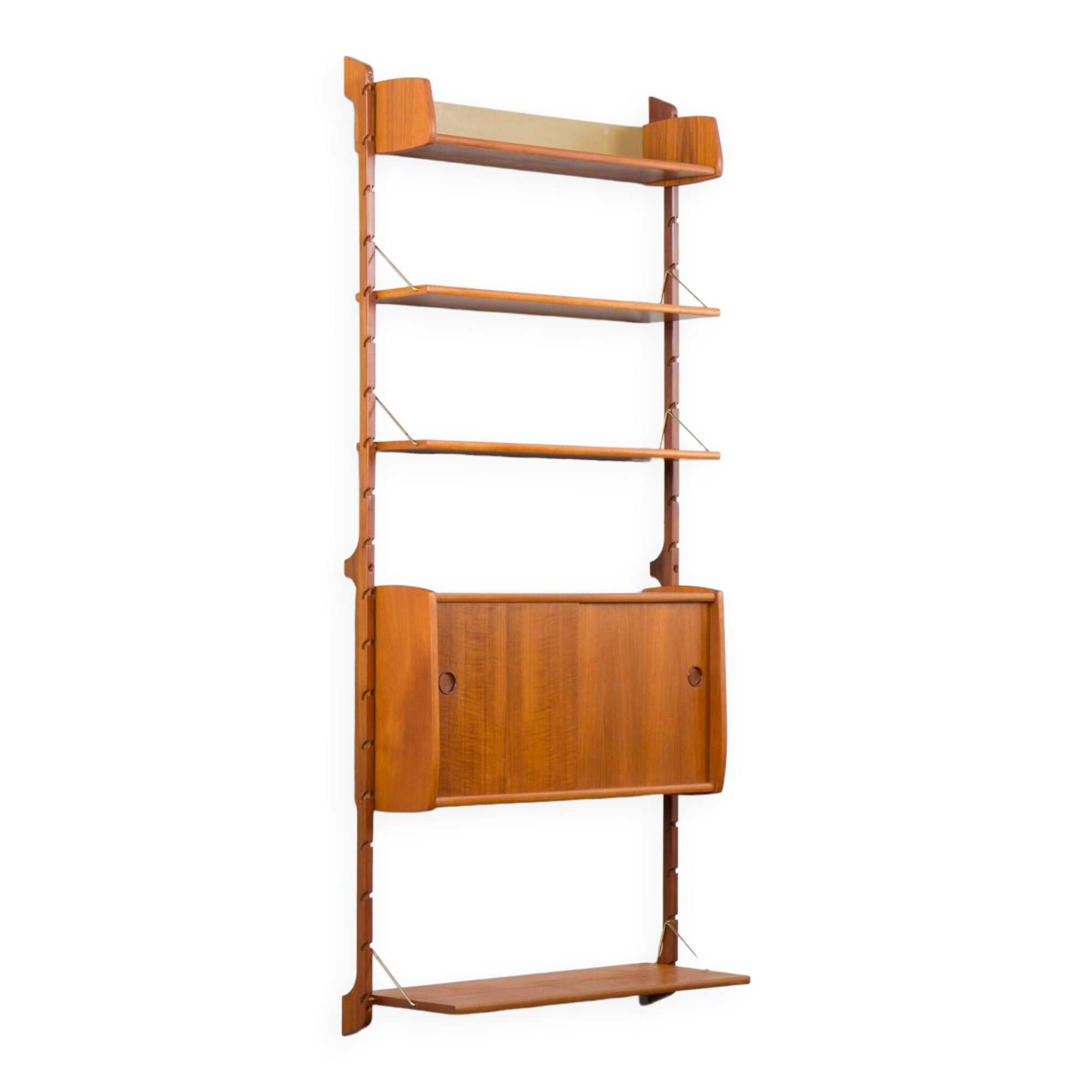 Scandinavian modern wall shelving system Ergo in teak by J. Texmon, Norway, 1960s