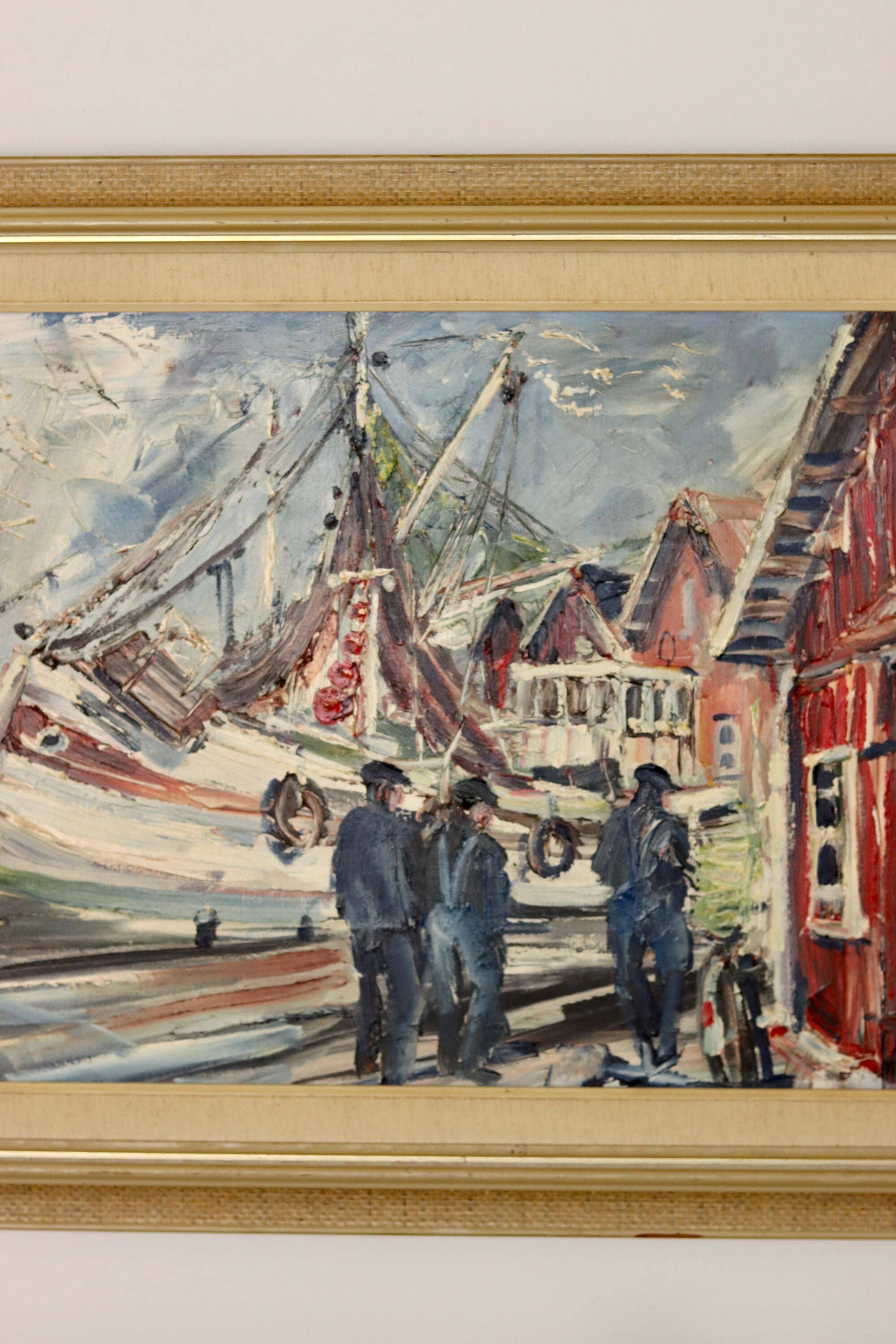 Peinture à l'huile sur toile suédoise du milieu du siècle « Harbour » par Alf Johanson (1905–1991) - Vintage et encadrée