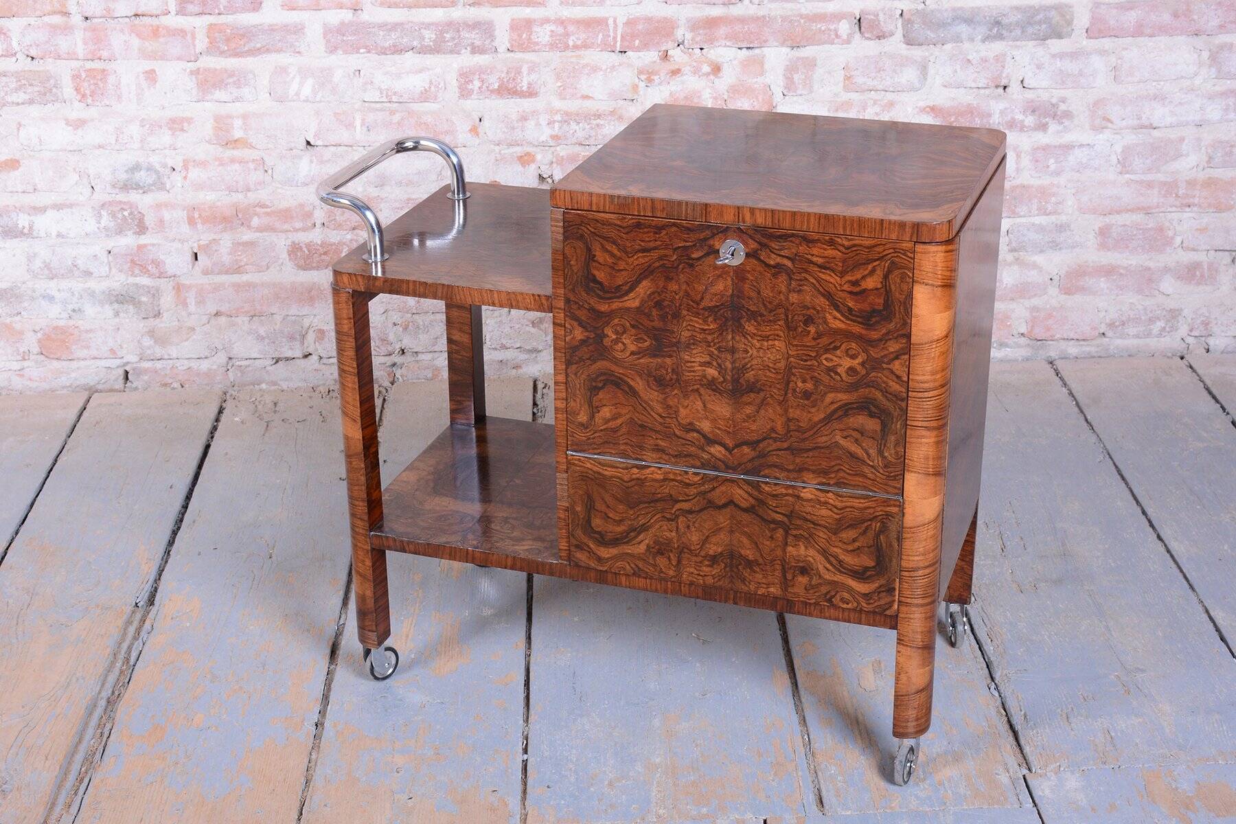 Trolley Art Déco en noyer, tchèque, années 1920