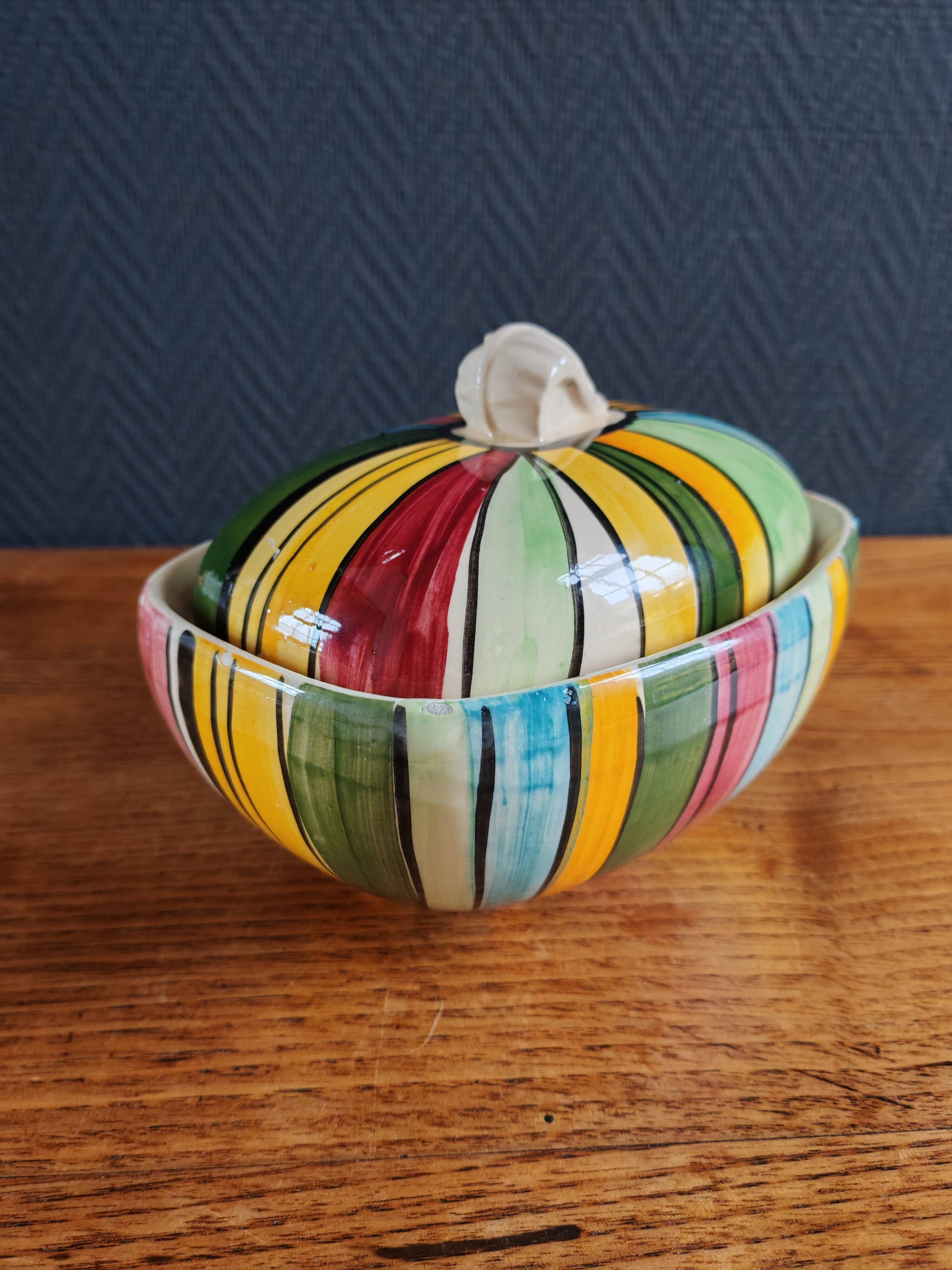 Vintage Ceramic Bonbonnière with Colourful Stripes - Jewellery Box