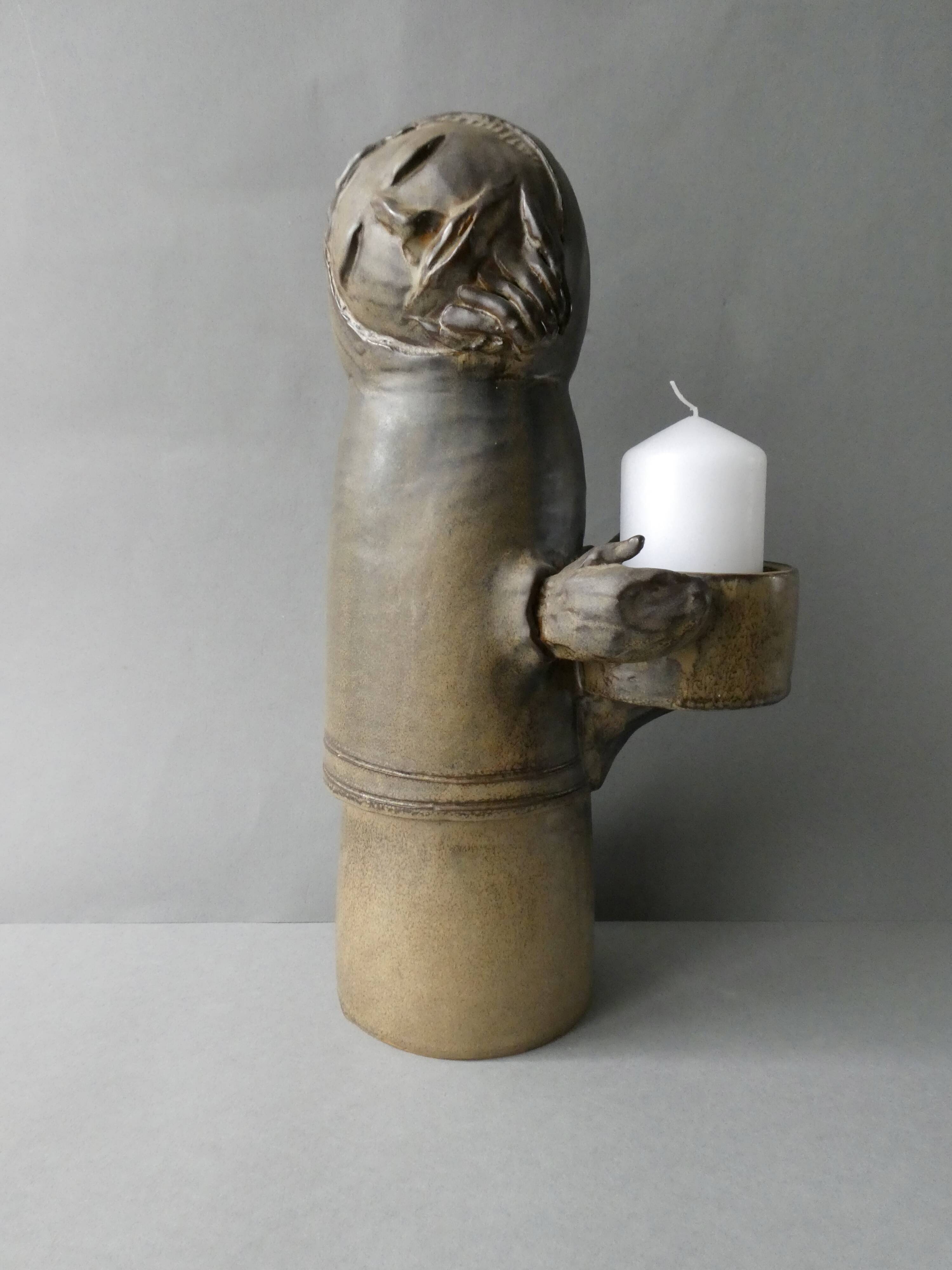 Large stoneware candlestick signed Denise Pointu, stoneware from Puisaye