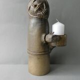 Large stoneware candlestick signed Denise Pointu, stoneware from Puisaye