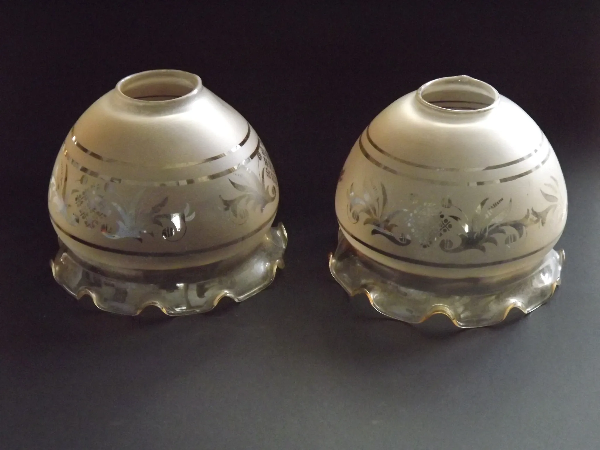 Set of 2 Vintage French Amber Patterned Glass Shades Frilled Edge