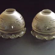 Set of 2 Vintage French Amber Patterned Glass Shades Frilled Edge