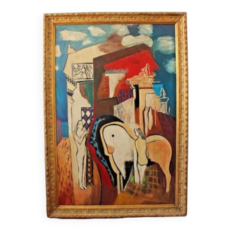 1930s Marc Chagall? Cubist figurative oil painting portrait with Horses