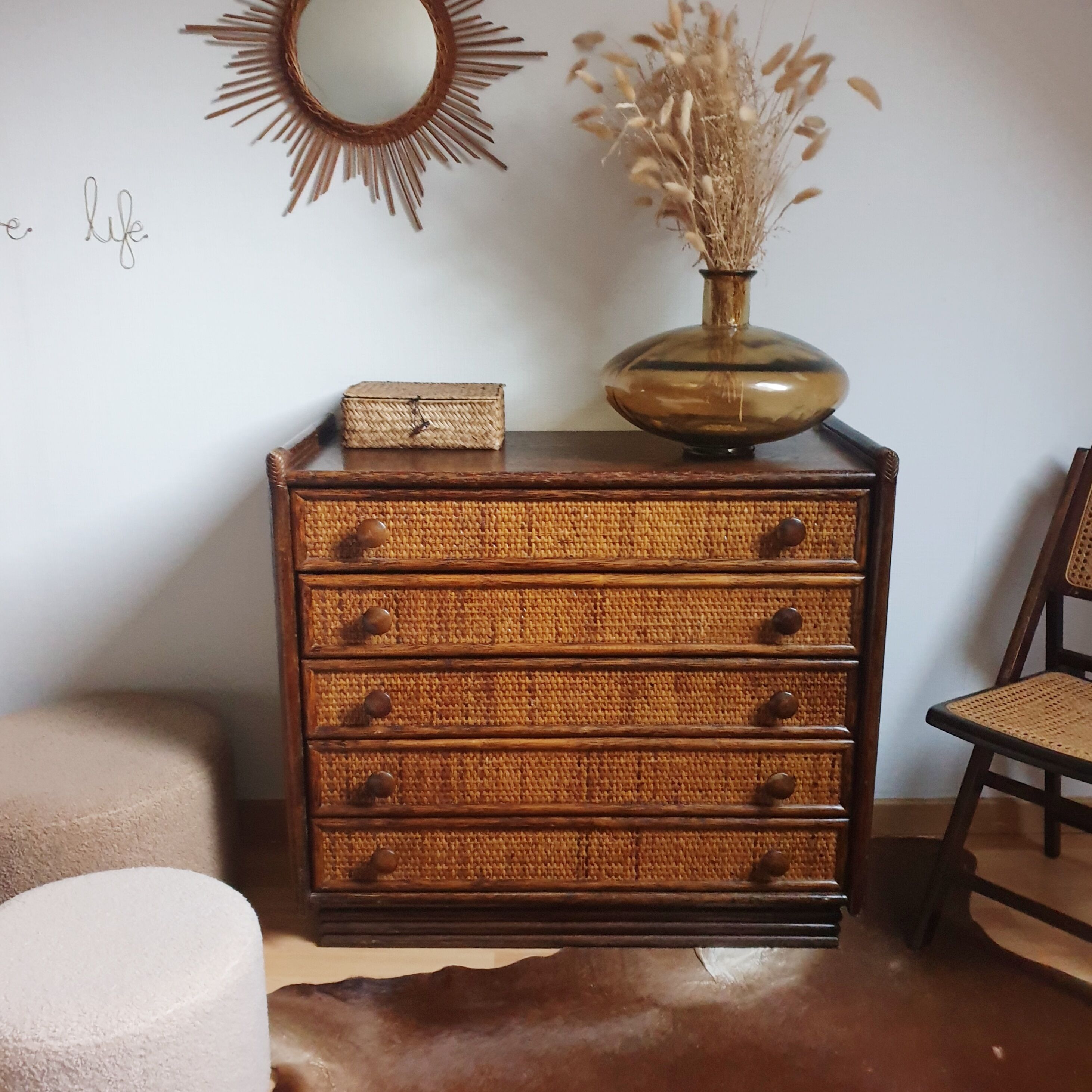 Vintage wood chair and folding cannage 60s