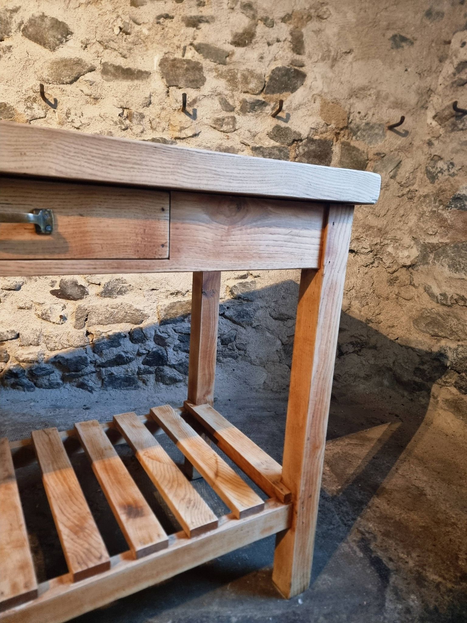 Old French baker's table – kitchen island / work table in solid chestnut with drawers.