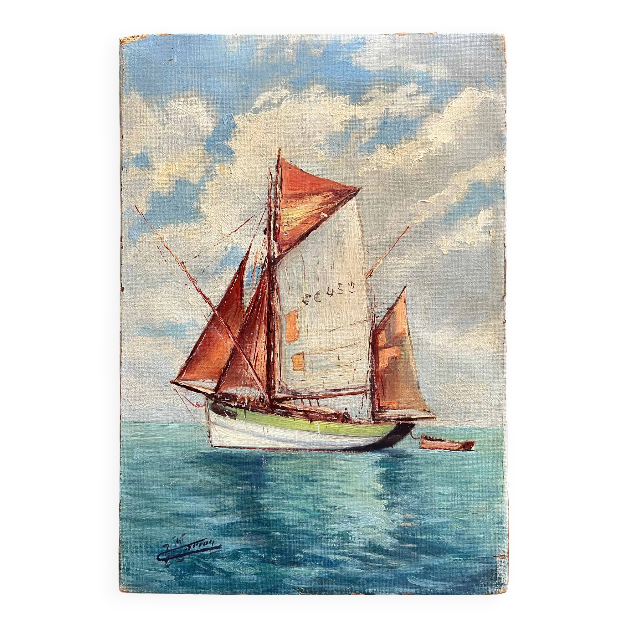 Tableau HST/P Marine Sailing Boat in Calm Weather signed (circa 1950)
