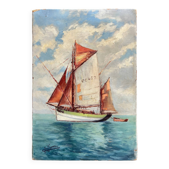 Tableau HST/P Marine Sailing Boat in Calm Weather signed (circa 1950)