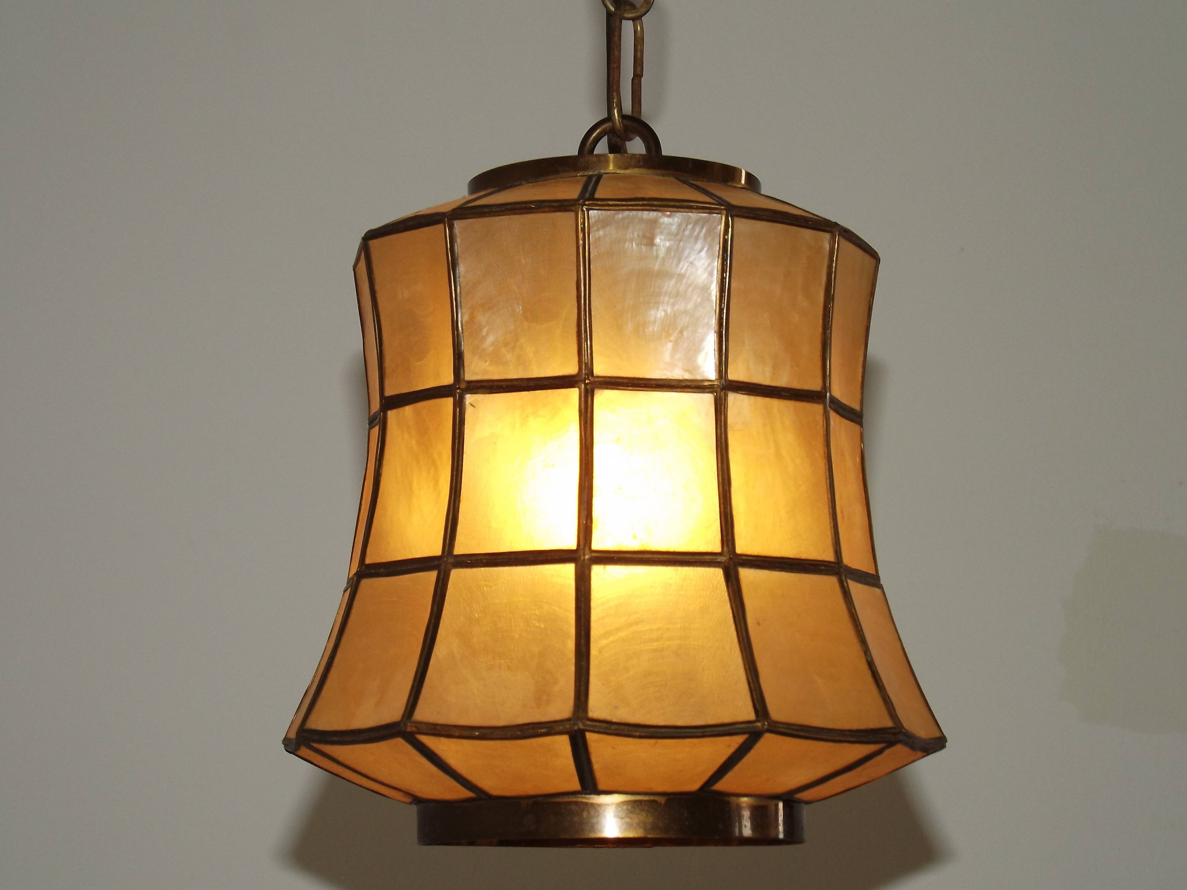 French Vintage Capiz Shell Hanging Pendant Light in Brass Metal and Copper