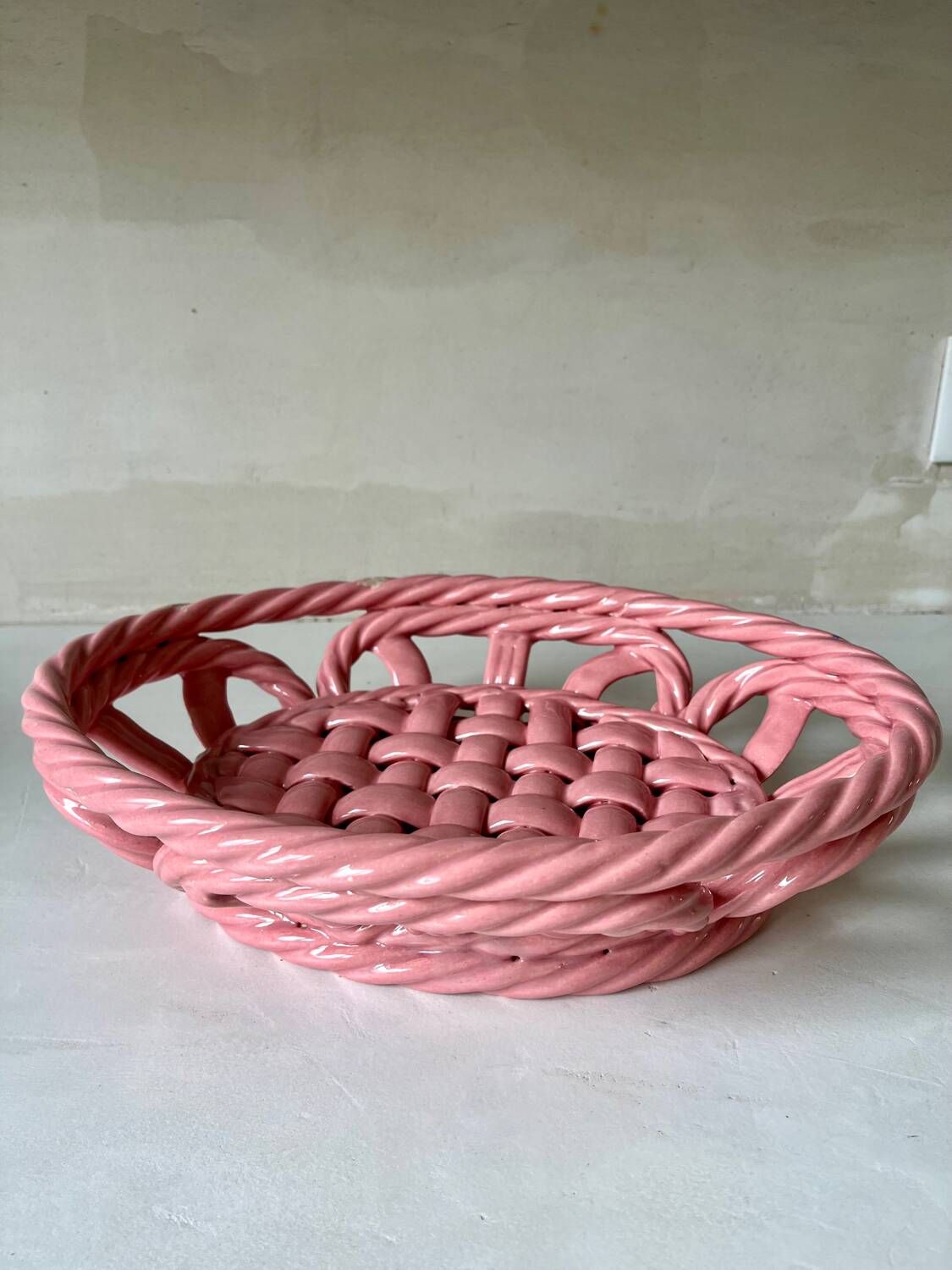 Vintage pink woven ceramic fruit basket