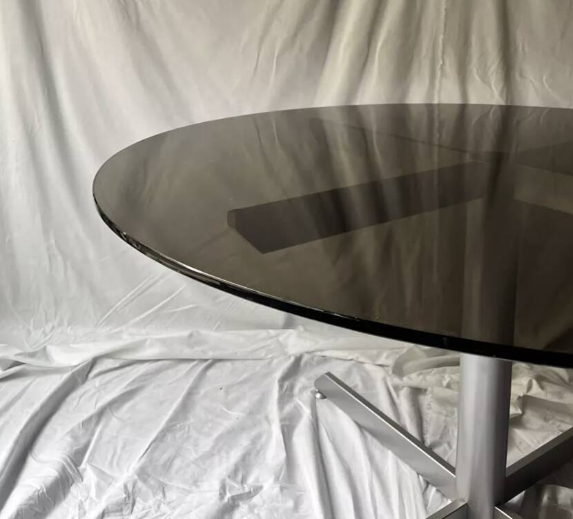 Round designer dining table in metal and smoked glass, Roche Bobois 1970