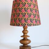 Turned wooden base lamp with printed lampshade