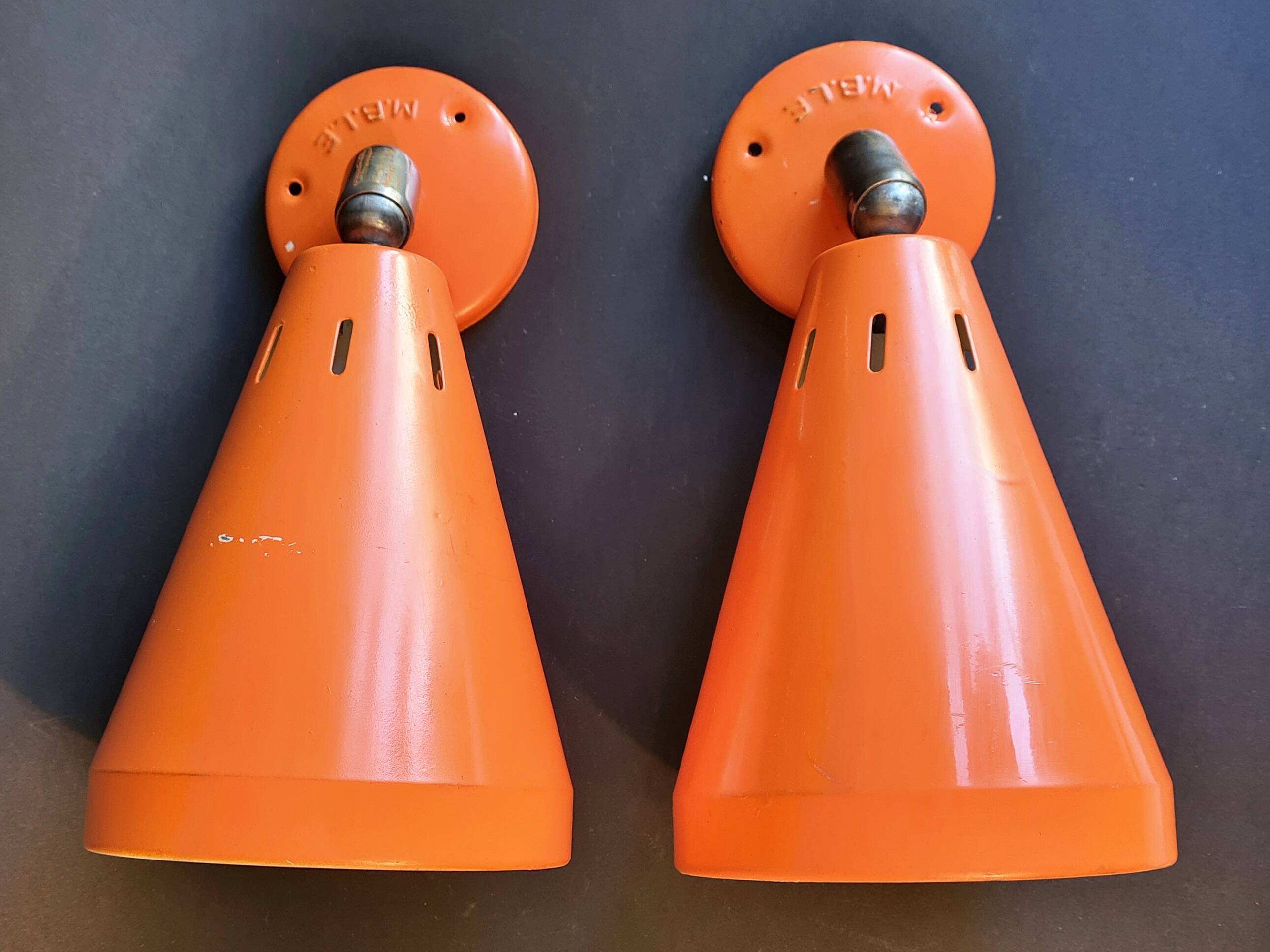 Authentic Pair of Seventies Orange wall lights from the "MBLE" brand.