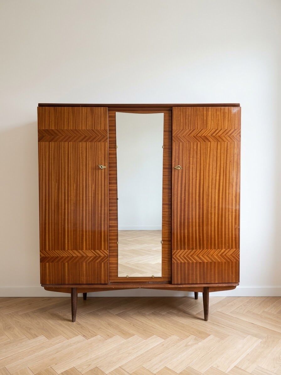 1950s wooden storage furniture with a mirror