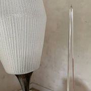Vintage reed floor lamp in black metal and brass with three white opalines